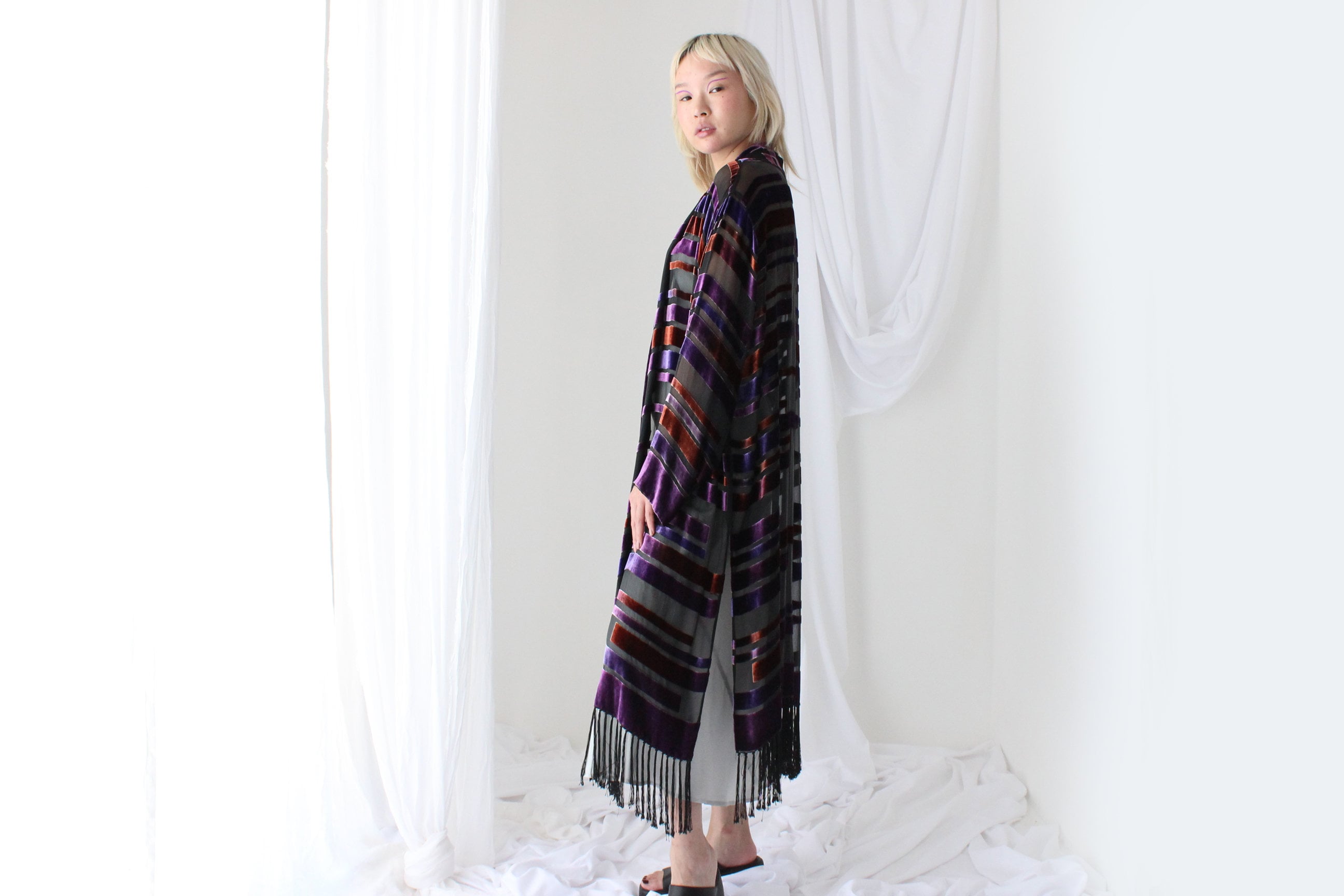 90s Luxury Silk Velvet Geometric Burnout Duster Kimono w/ Fringe