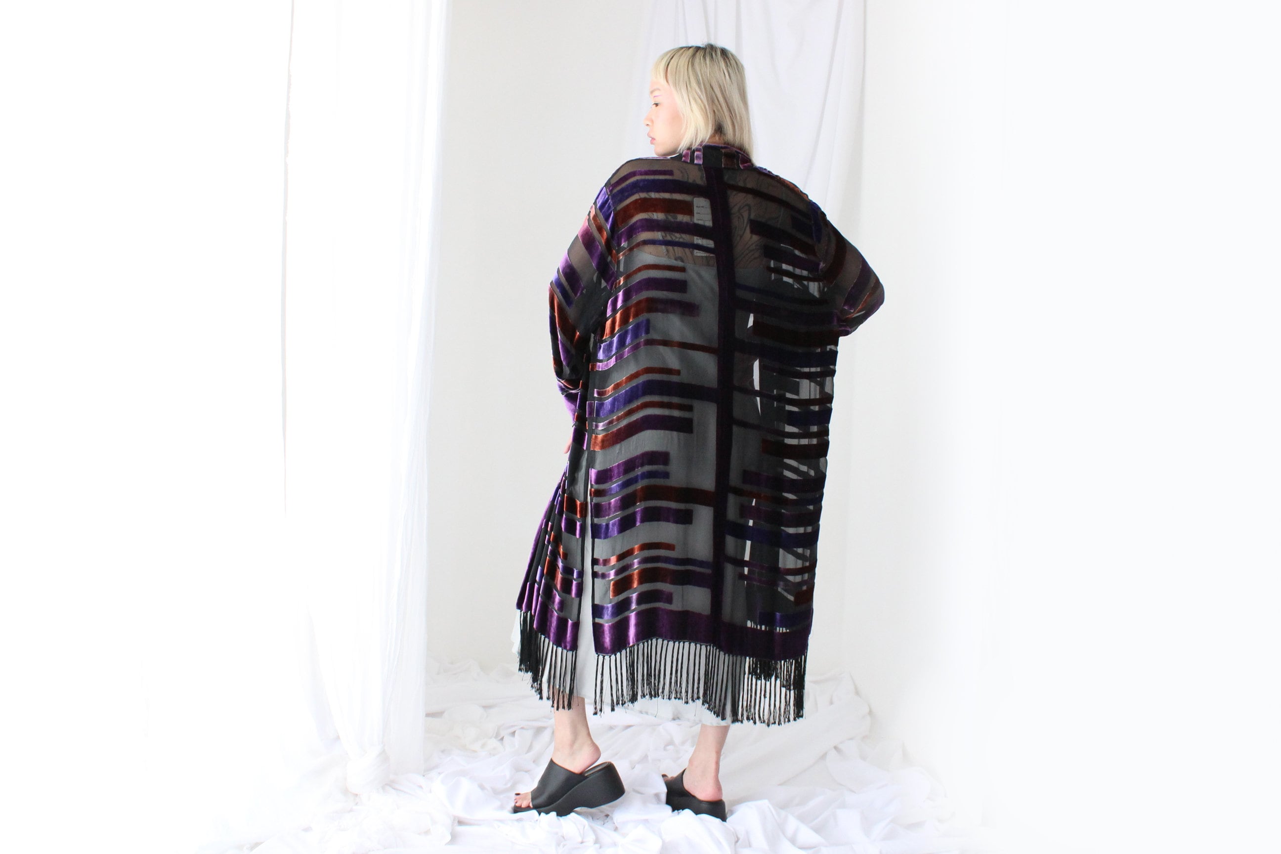 90s Luxury Silk Velvet Geometric Burnout Duster Kimono w/ Fringe