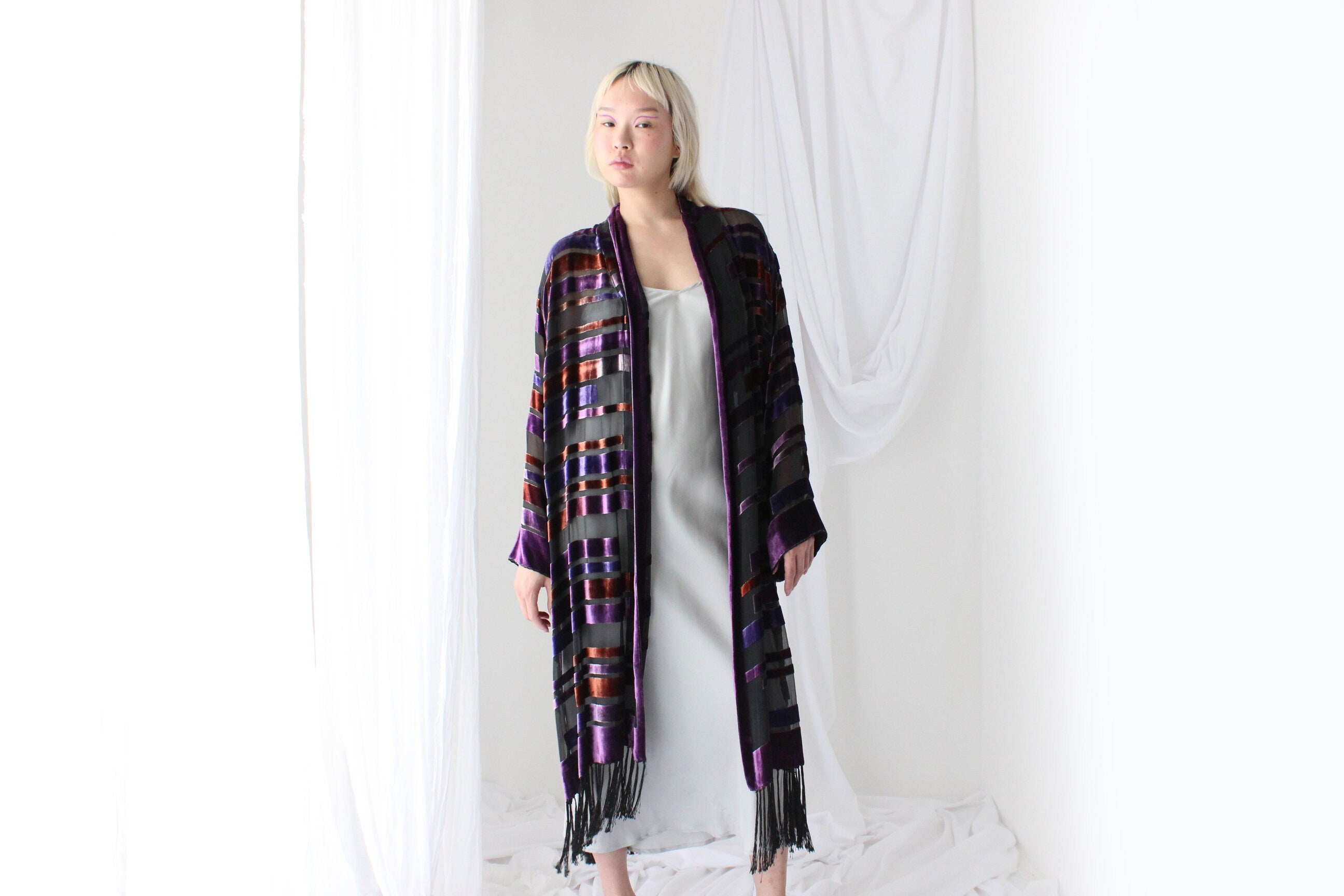 90s Luxury Silk Velvet Geometric Burnout Duster Kimono w/ Fringe