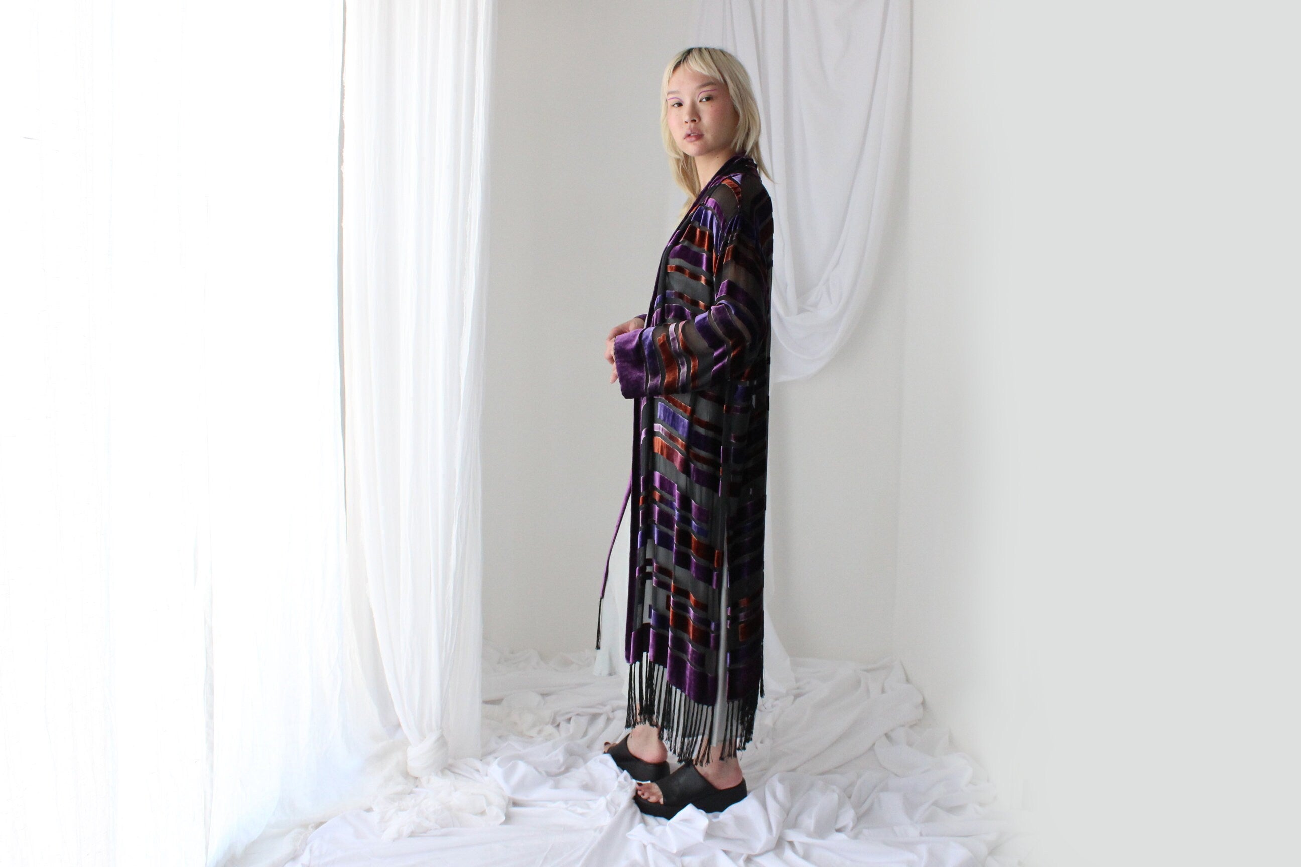 90s Luxury Silk Velvet Geometric Burnout Duster Kimono w/ Fringe