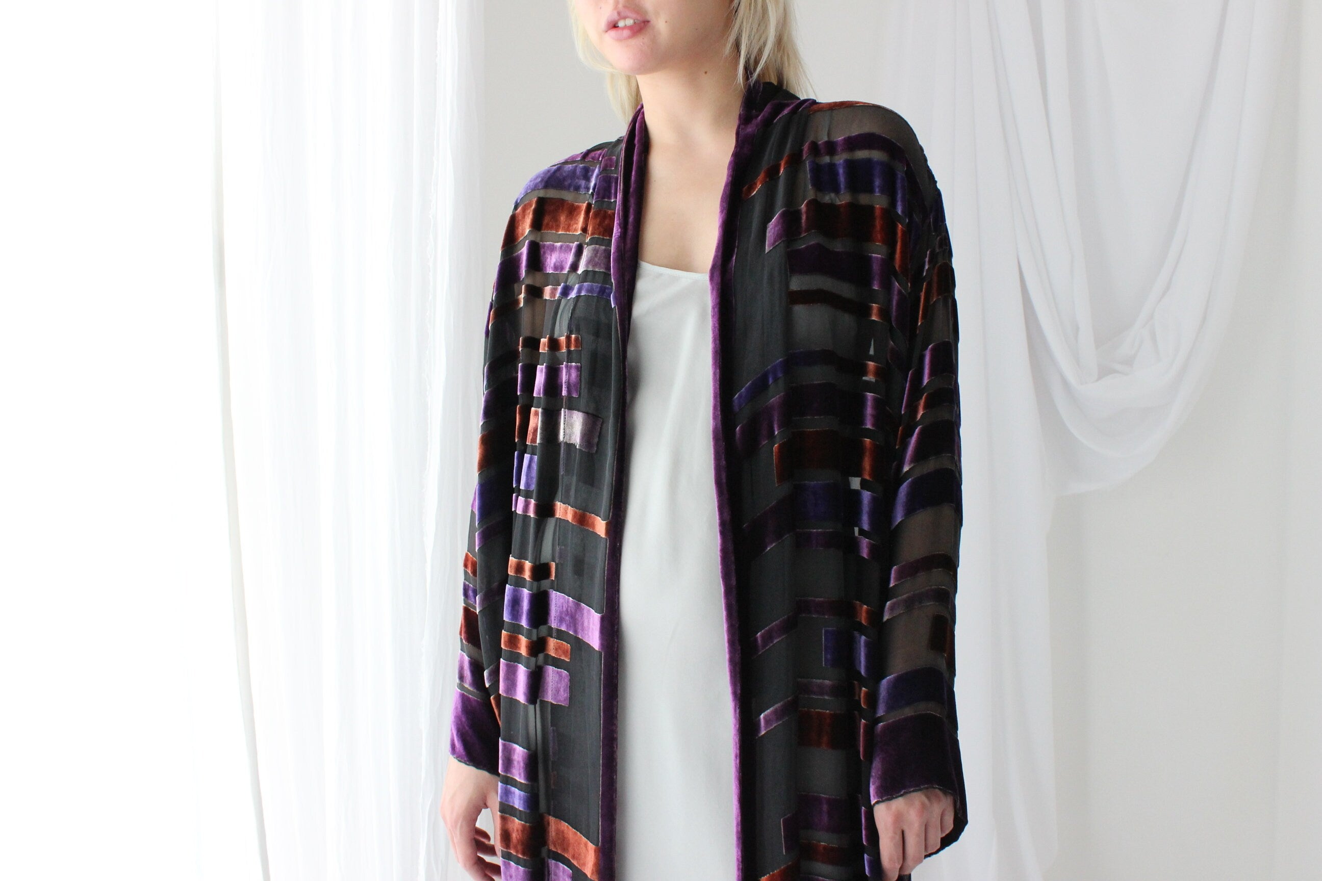 90s Luxury Silk Velvet Geometric Burnout Duster Kimono w/ Fringe