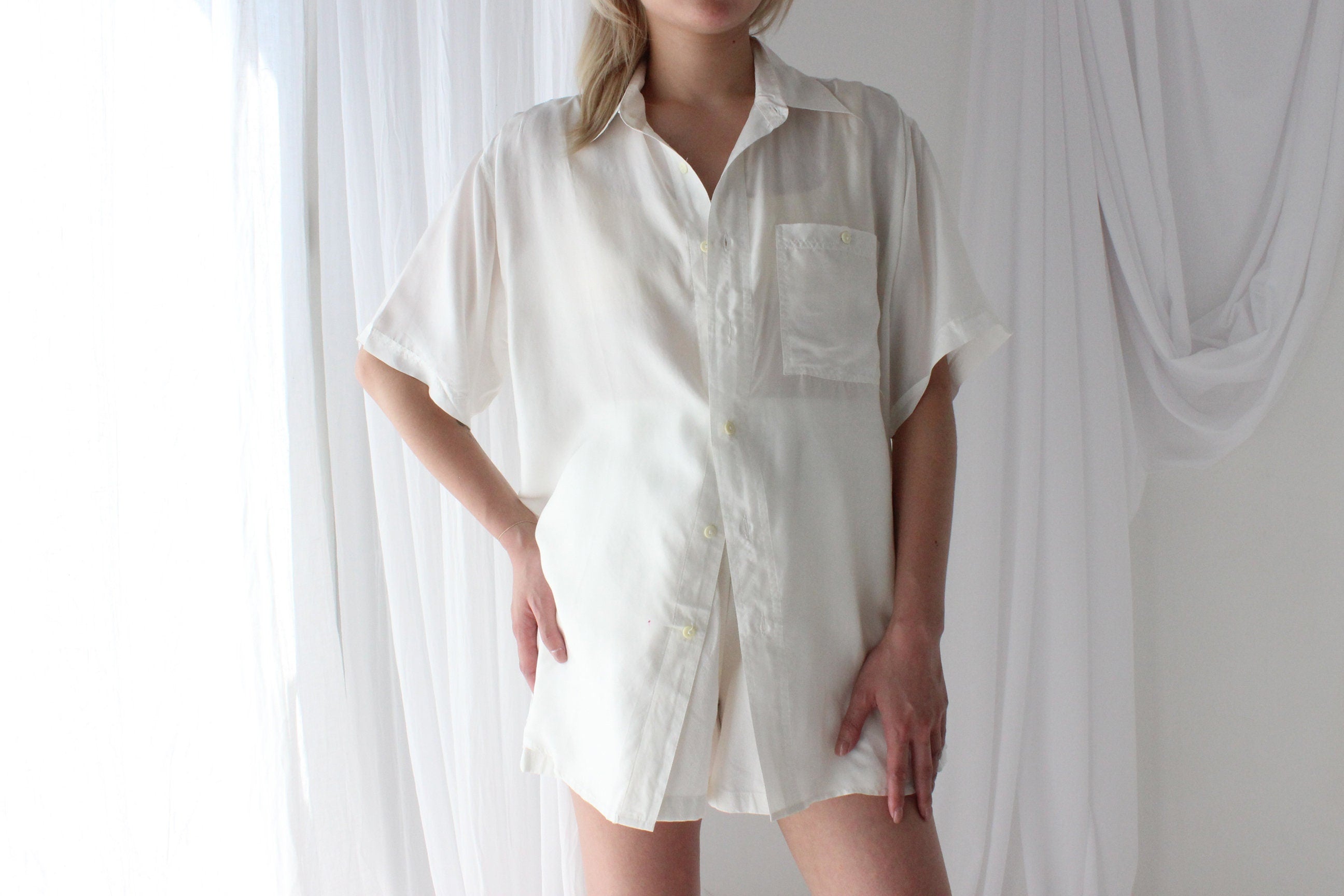 80s PURE SILK Snow White Boxy Oversized Shirt