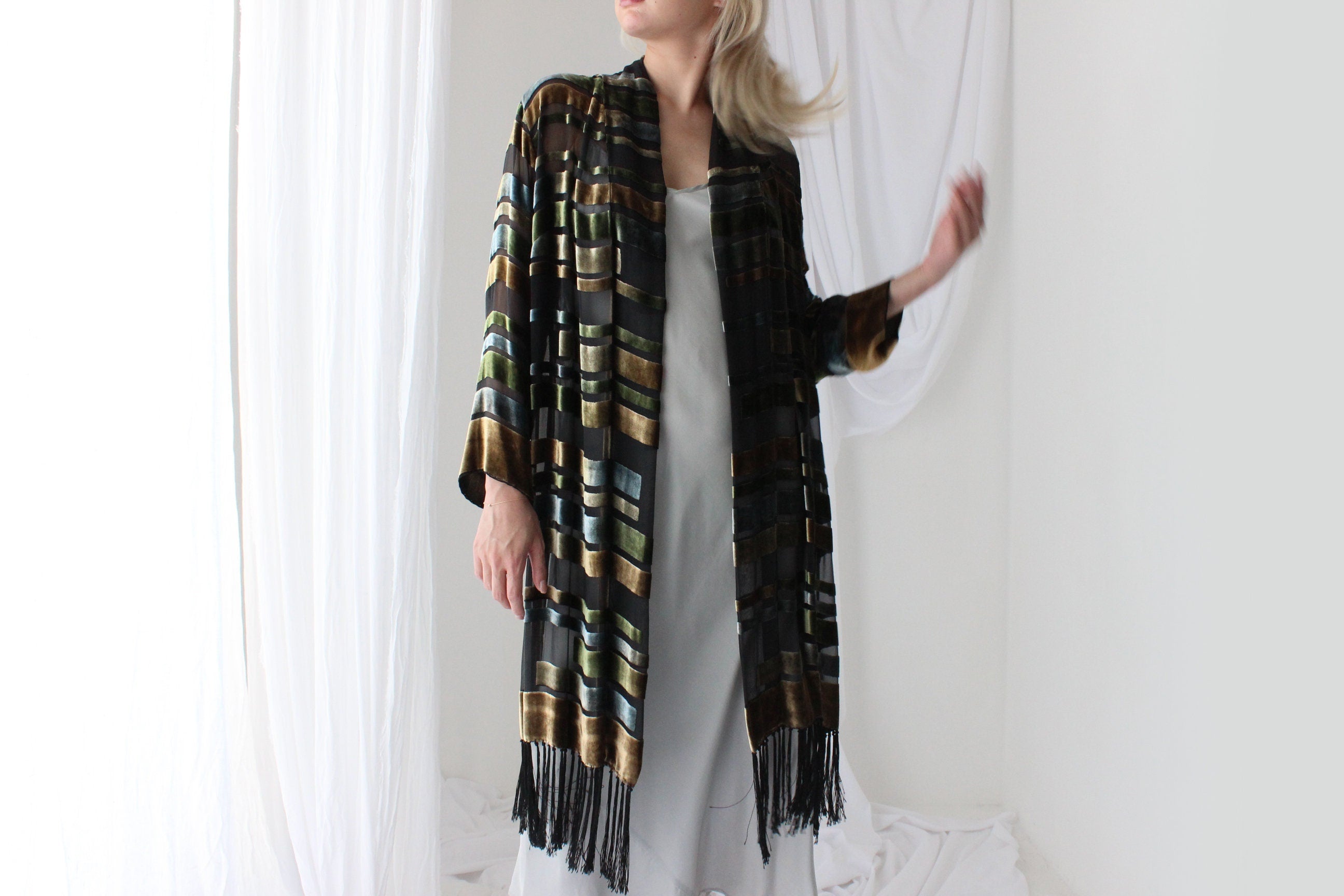 90s Luxury Silk Velvet Geometric Burnout Duster Kimono w/ Fringe
