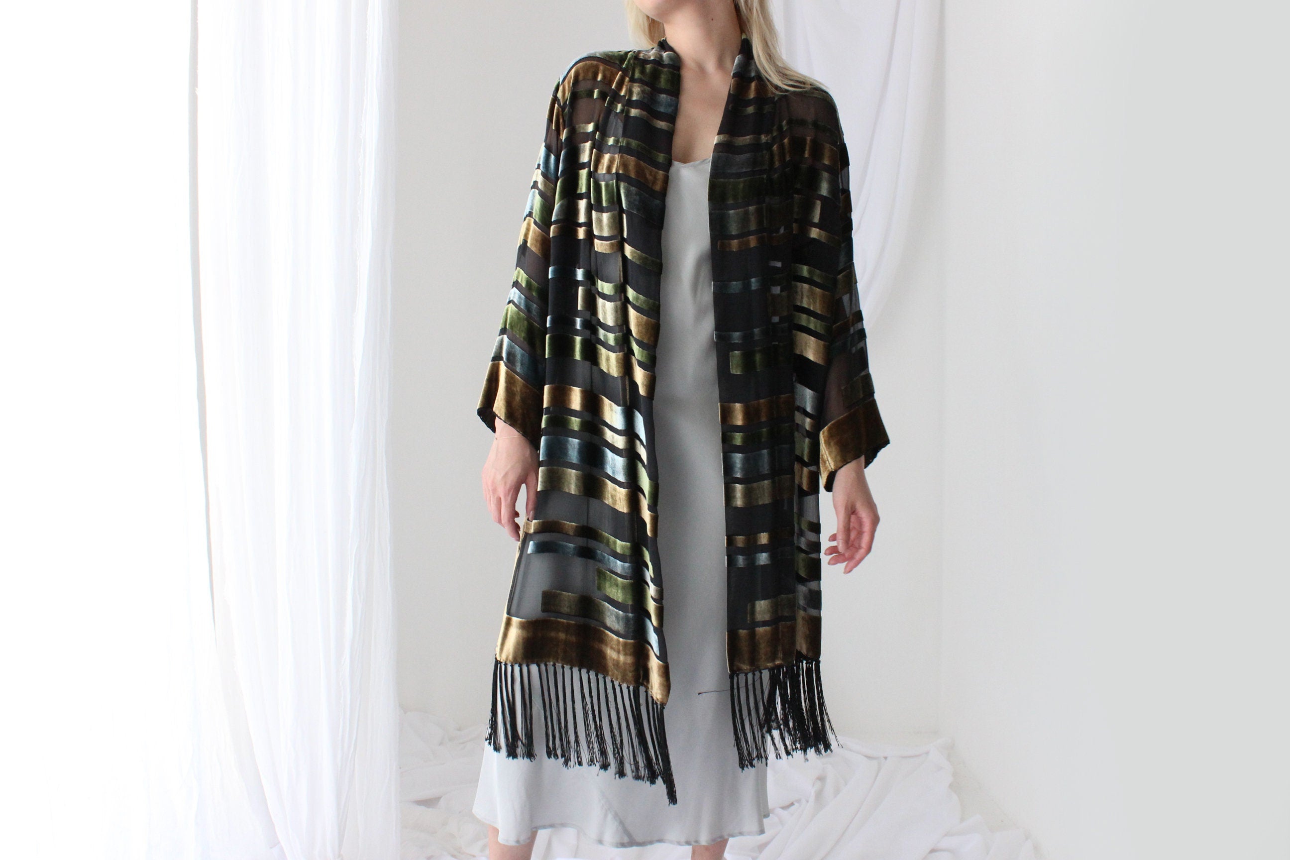 90s Luxury Silk Velvet Geometric Burnout Duster Kimono w/ Fringe