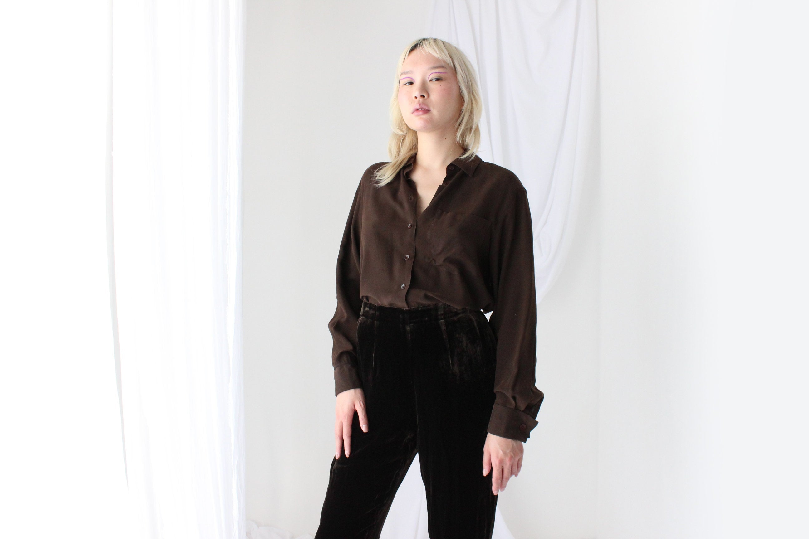 90s Pure Silk Chocolate Relaxed Button Up Blouse