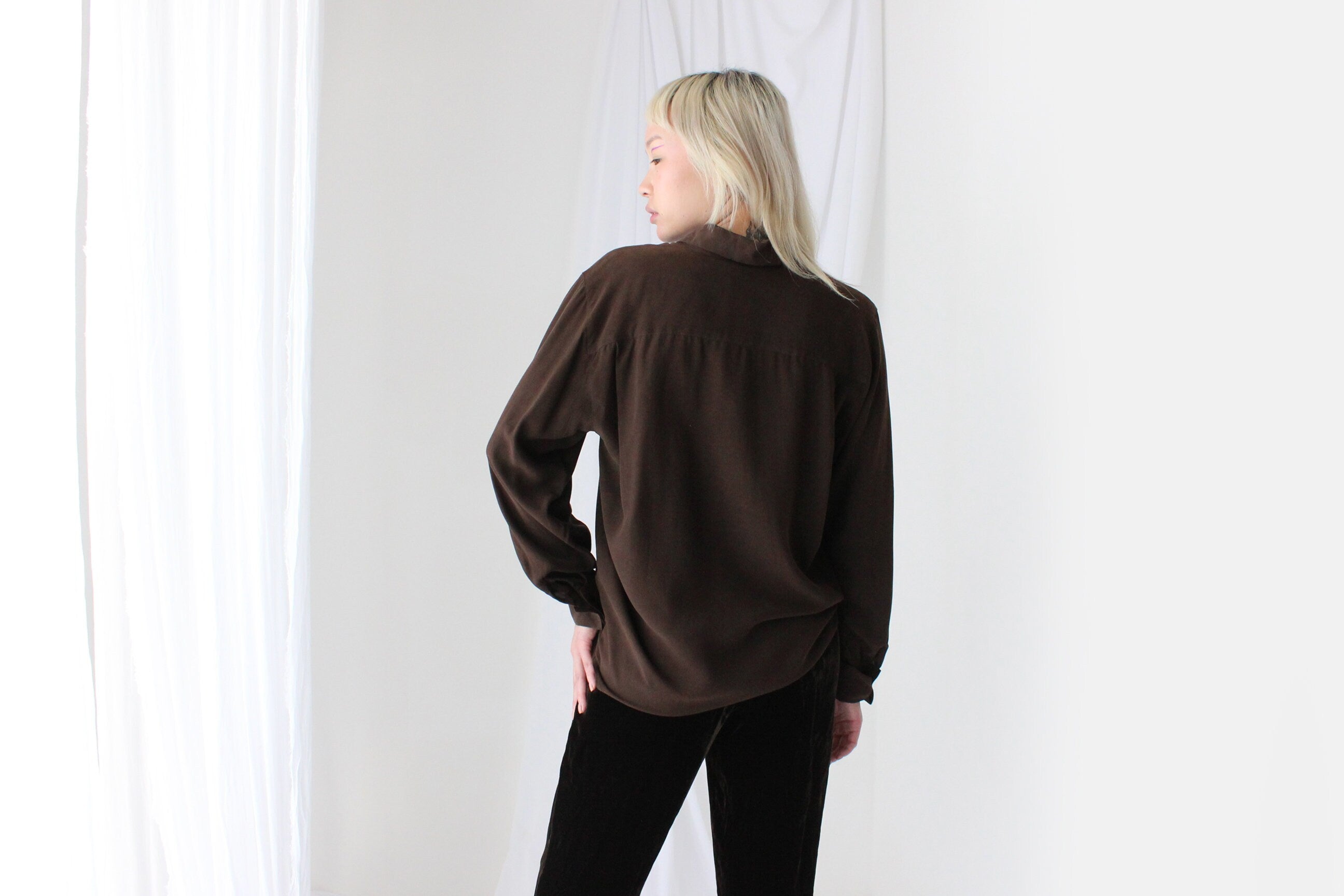 90s Pure Silk Chocolate Relaxed Button Up Blouse