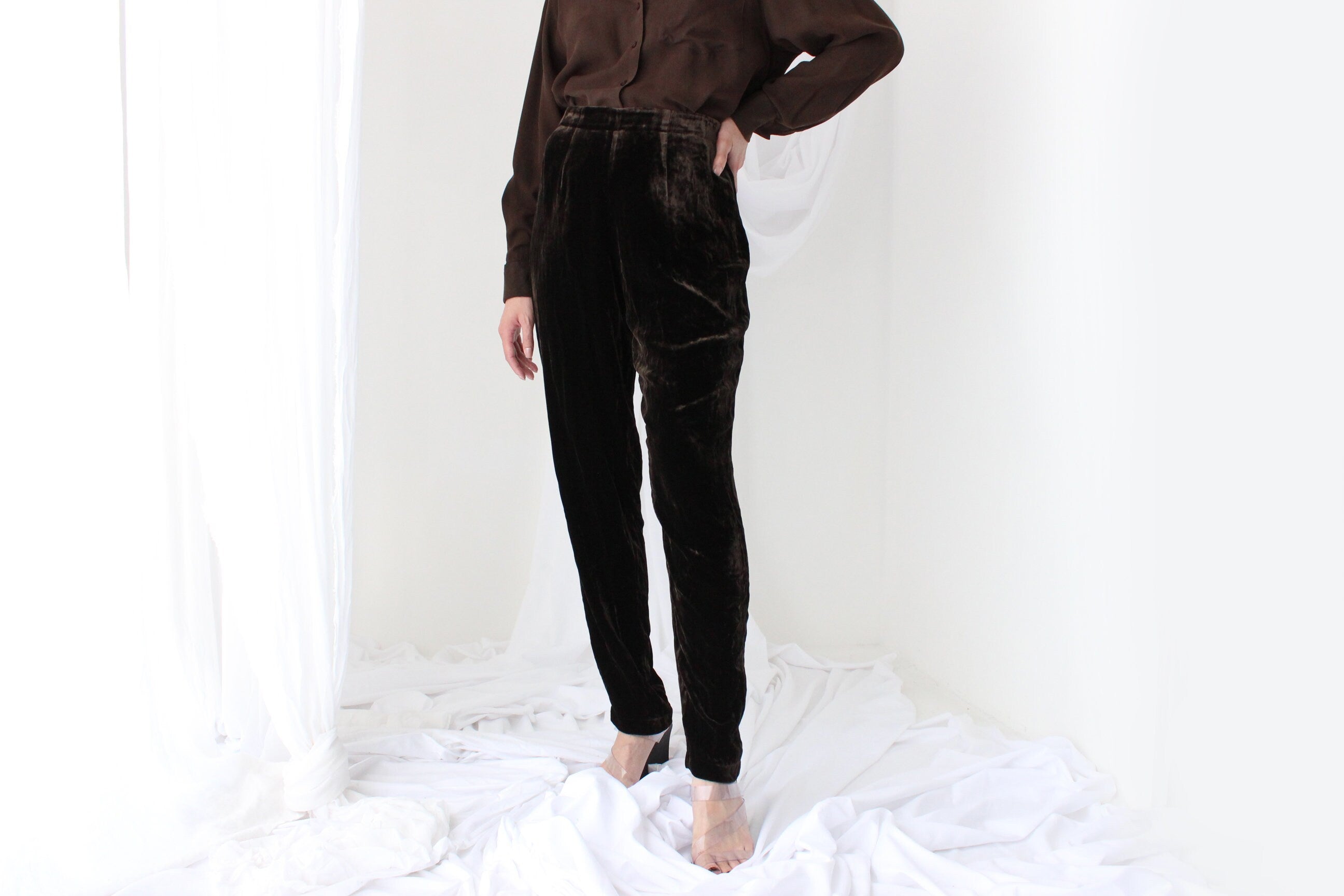 90s LUSH SILK VELVET High Waist Trousers in Chocolate
