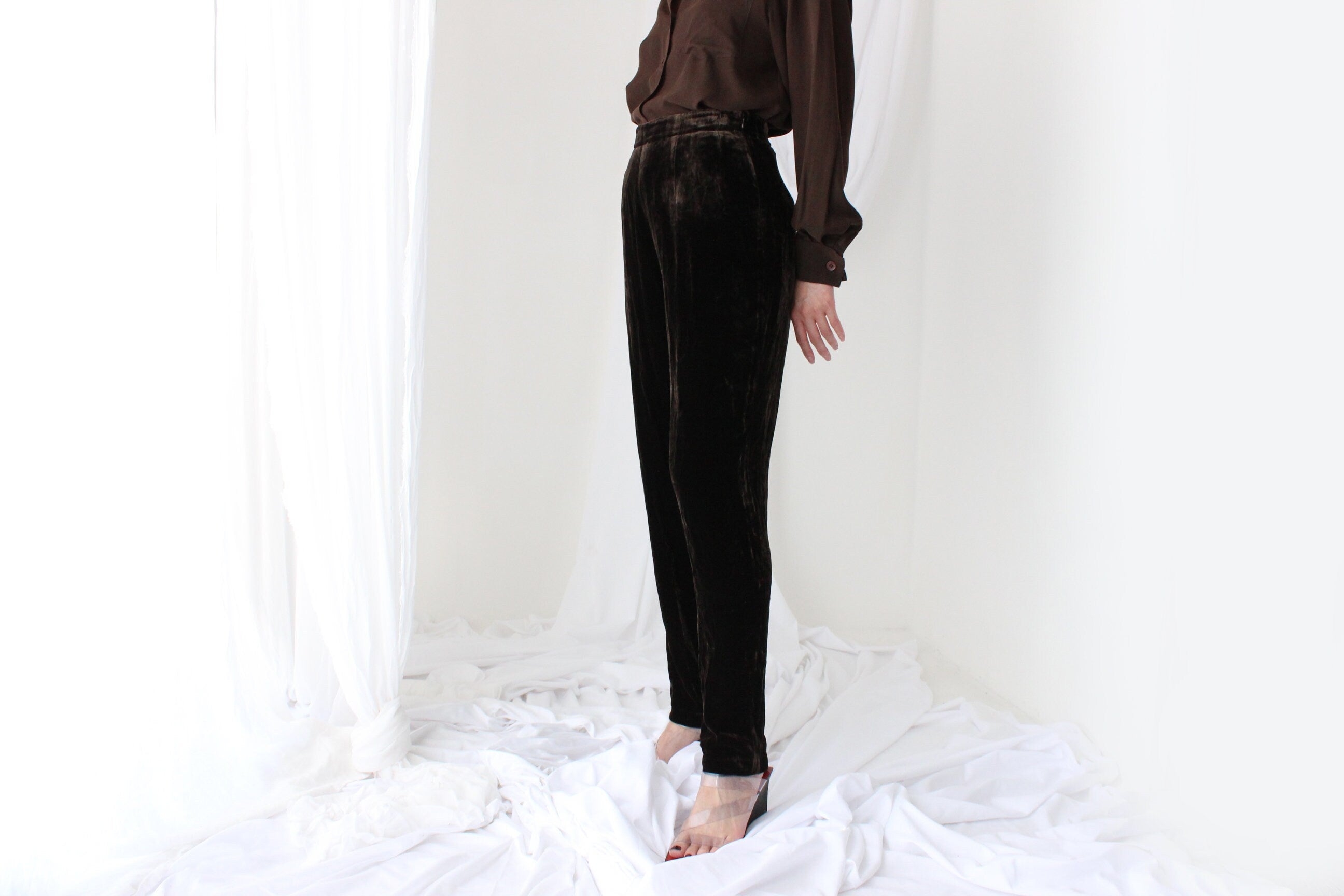90s LUSH SILK VELVET High Waist Trousers in Chocolate