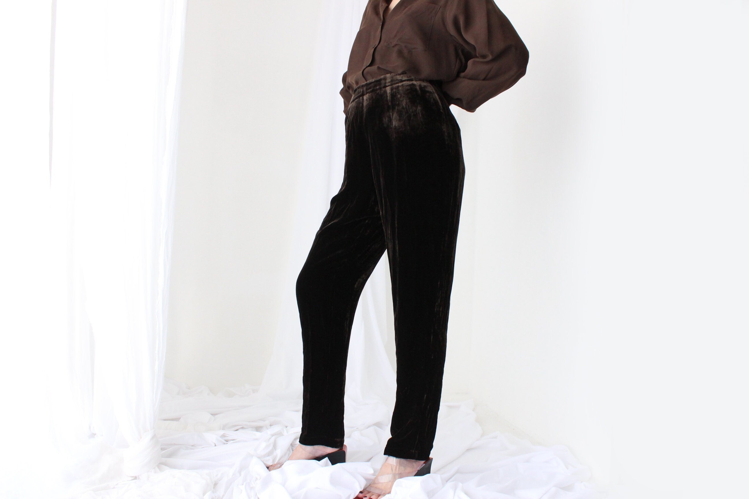 90s LUSH SILK VELVET High Waist Trousers in Chocolate