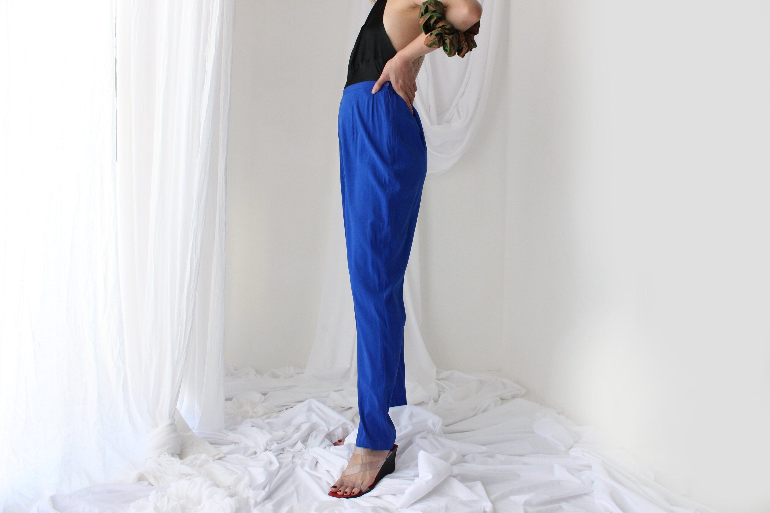 80s Pure Silk Cobalt Blue Relaxed Tapered Trousers