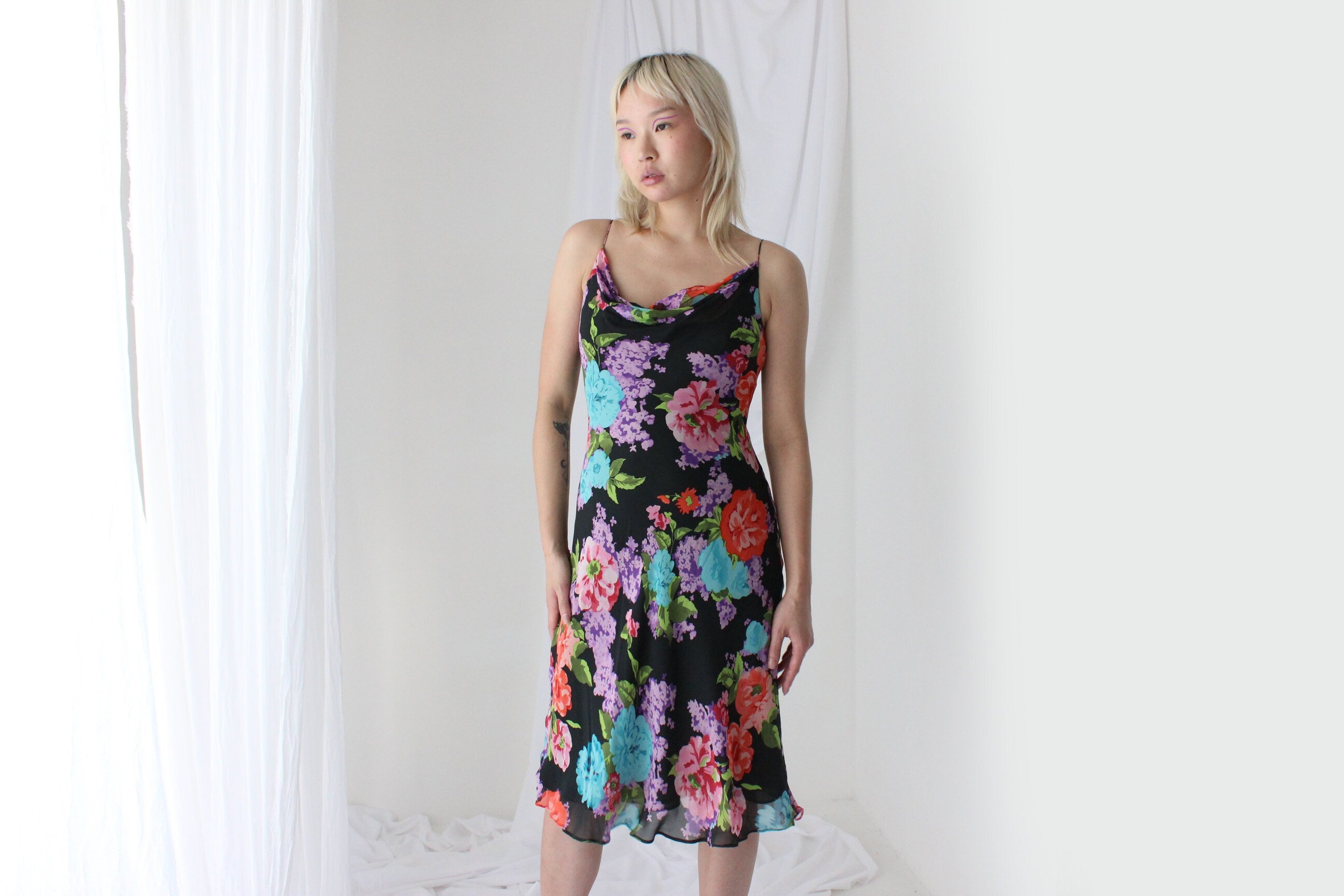 Y2K PURE SILK Vibrant Floral Spaghetti Strap Dress