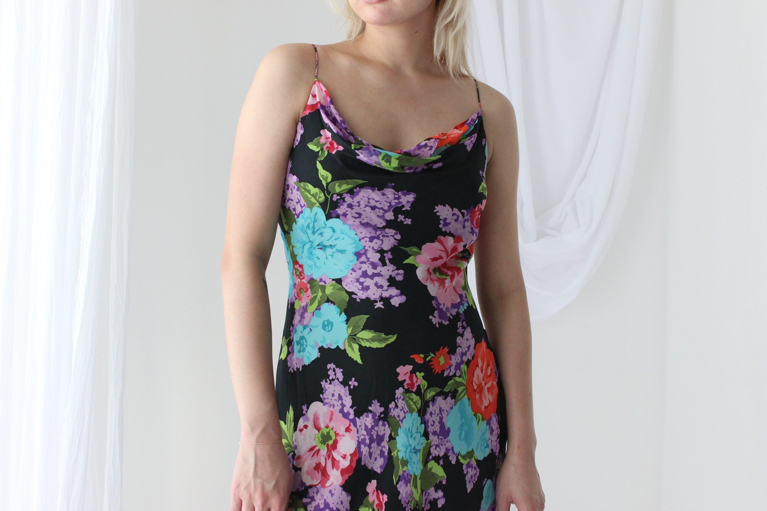 Y2K PURE SILK Vibrant Floral Spaghetti Strap Dress