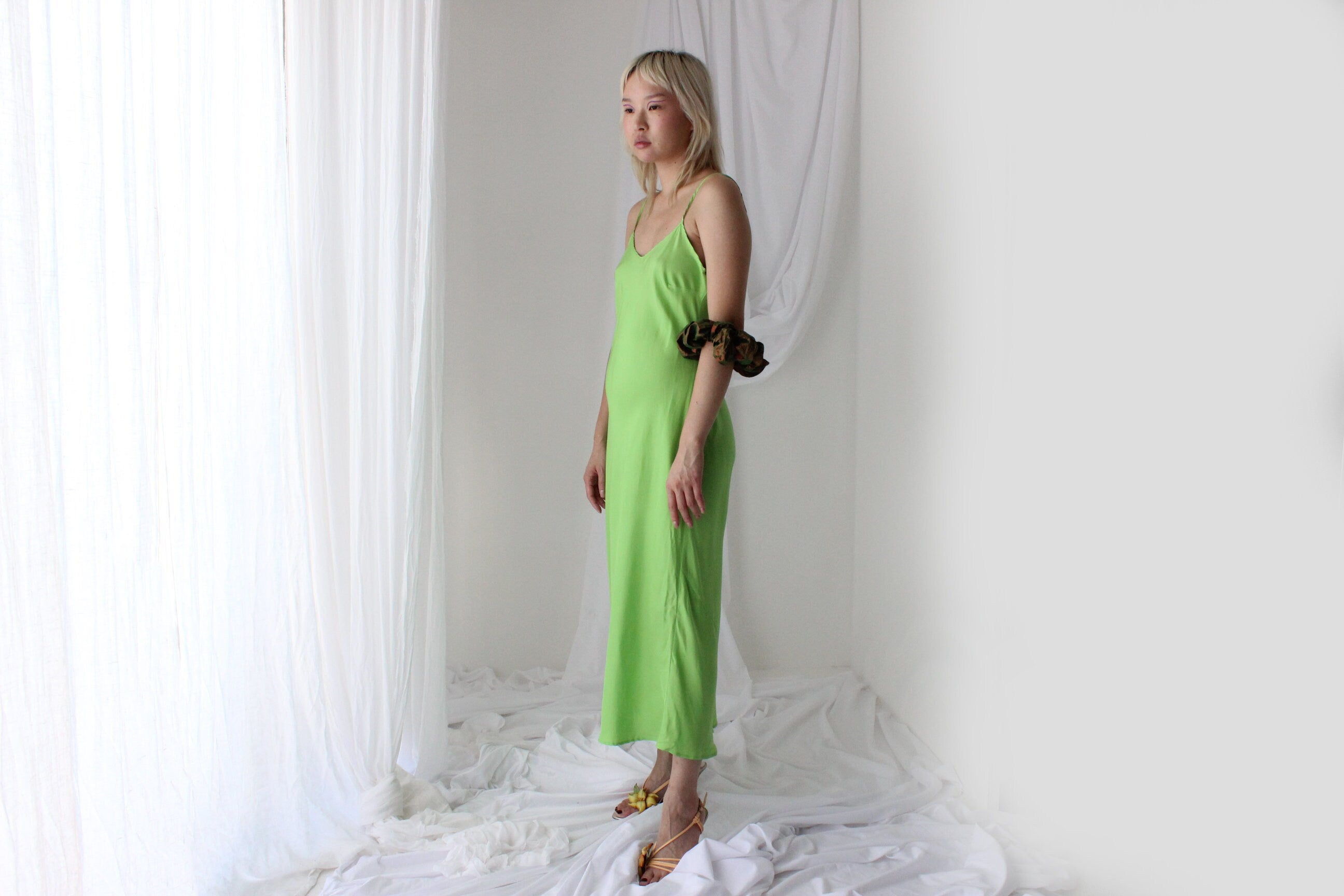 90s Pure Silk Bias Cut Slip Dress in Lime