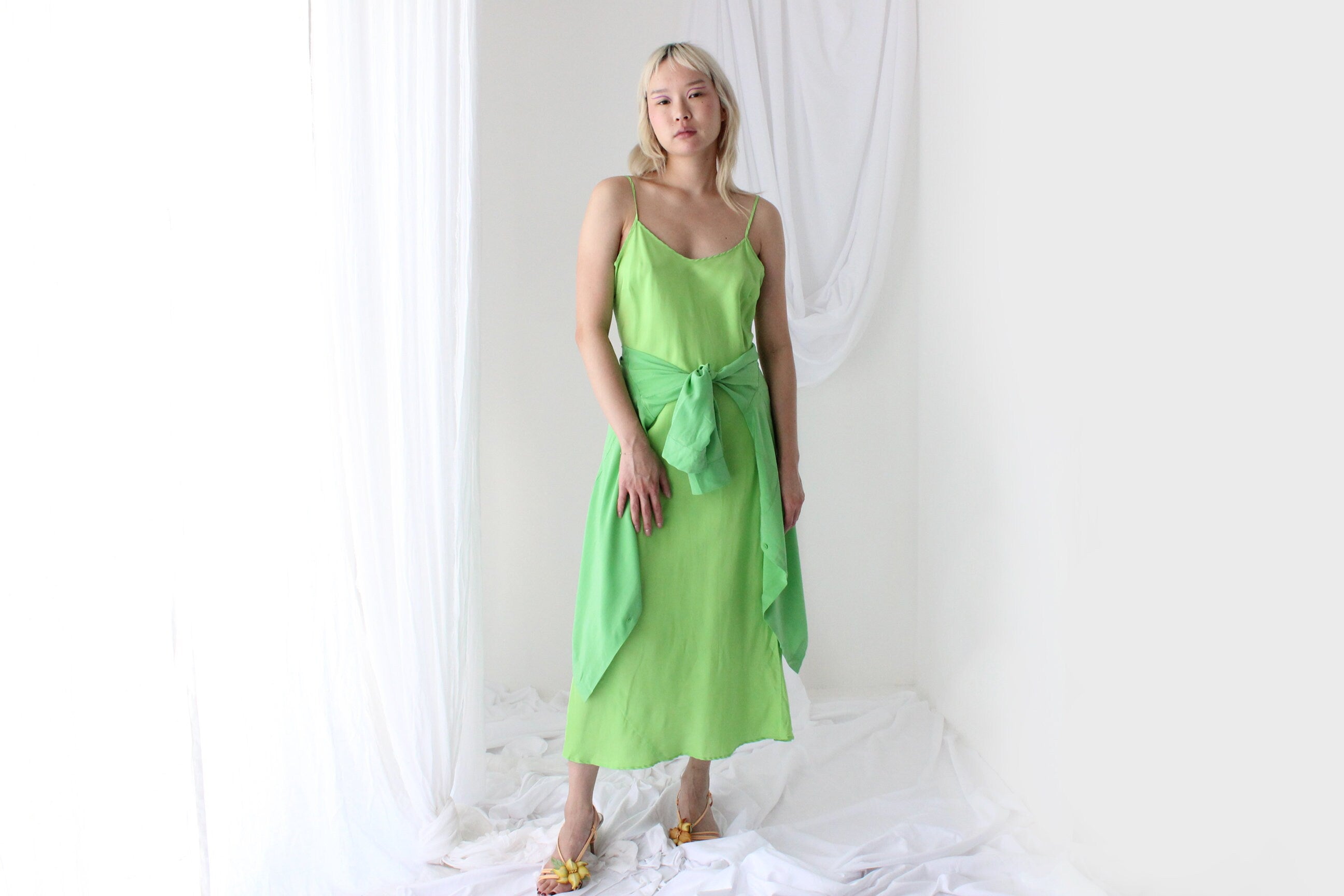 90s Pure Silk Bias Cut Slip Dress in Lime