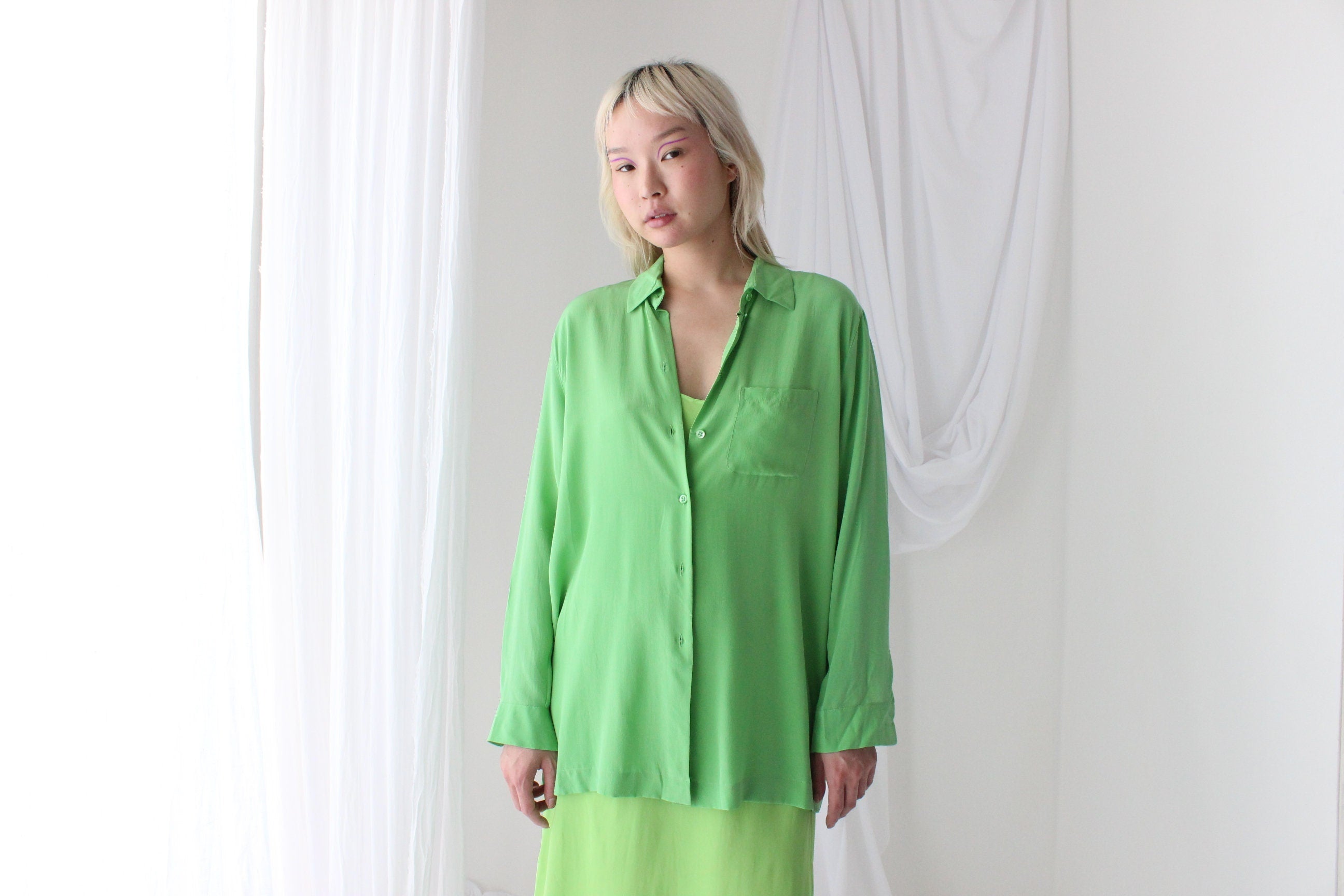 90s Silk Crêpe De Chine Luxurious Lime Green Shirt
