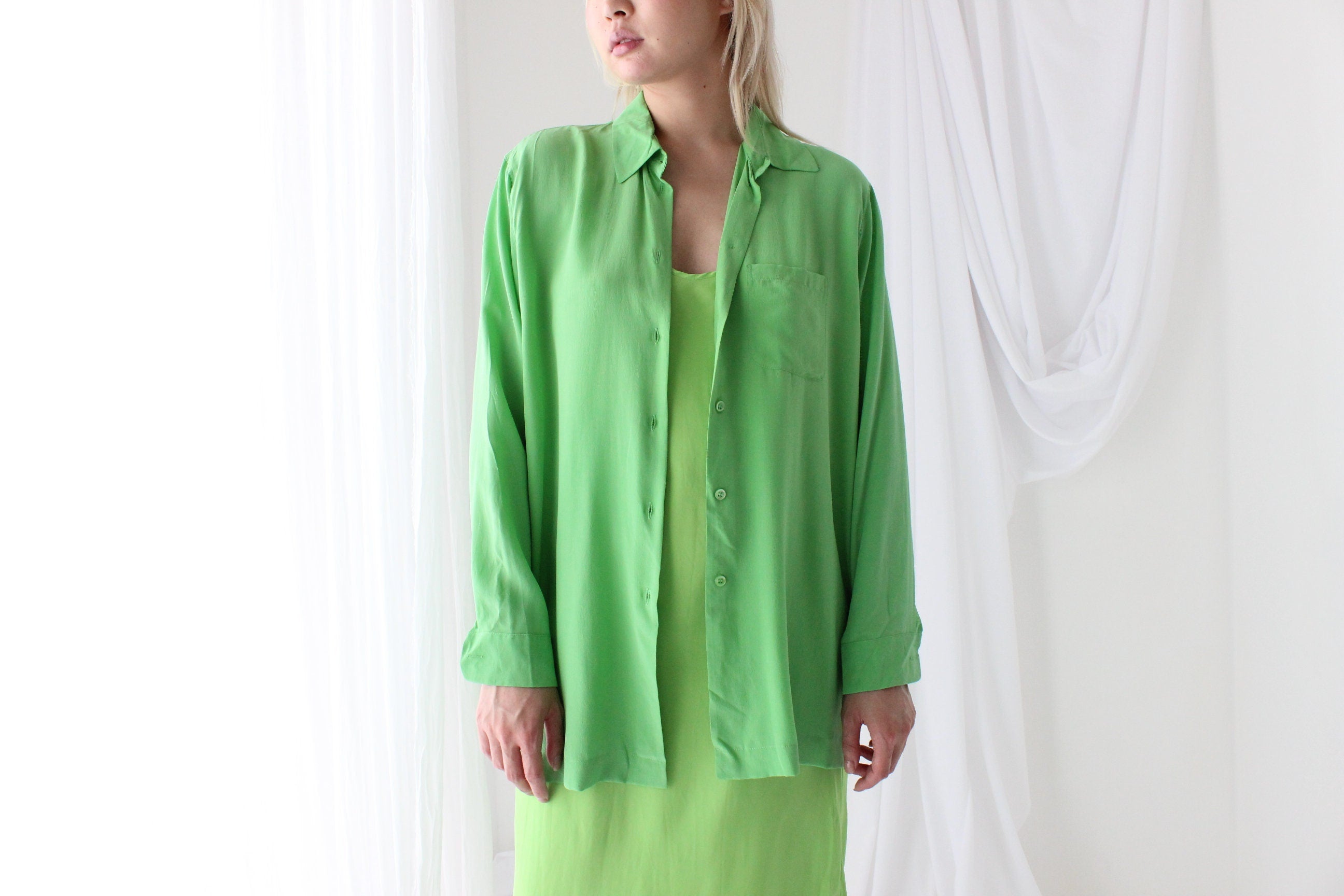 90s Silk Crêpe De Chine Luxurious Lime Green Shirt
