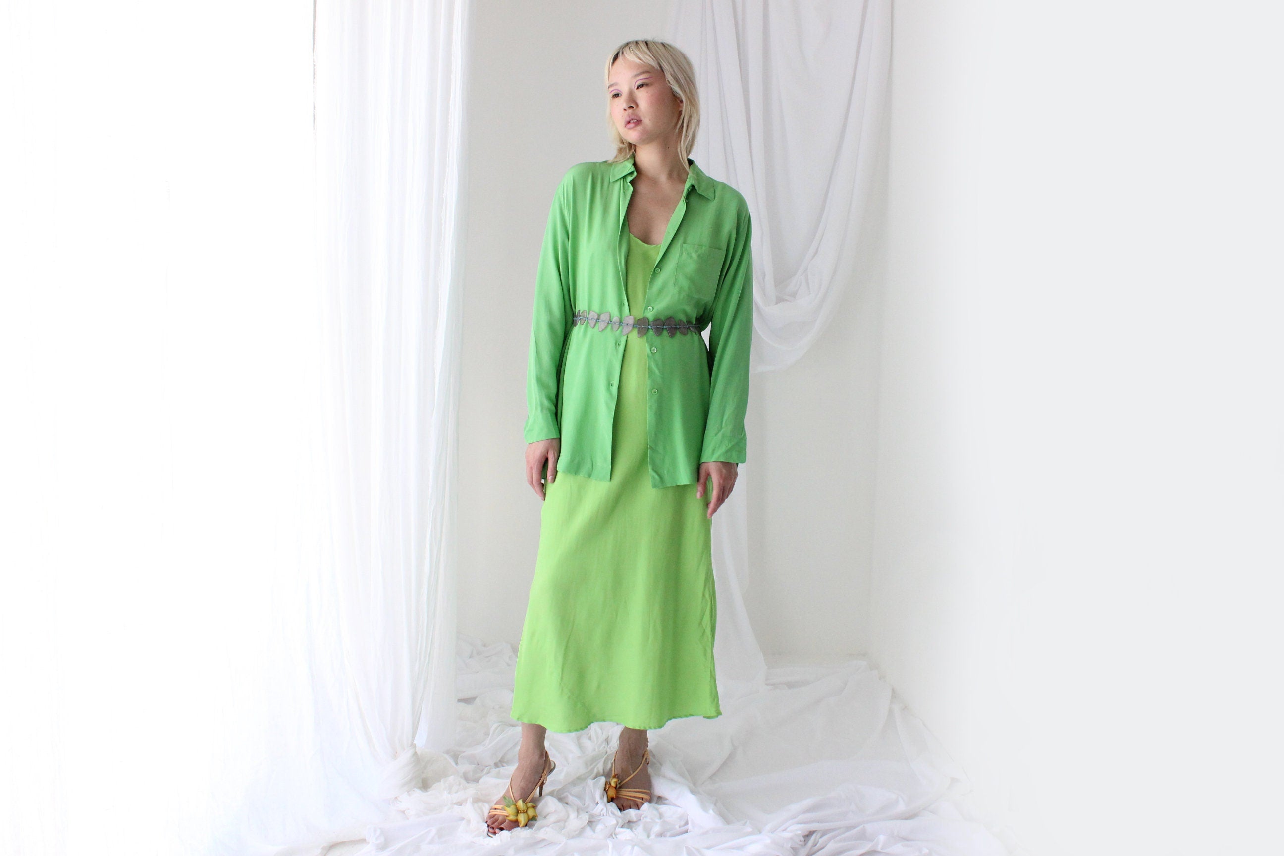 90s Silk Crêpe De Chine Luxurious Lime Green Shirt