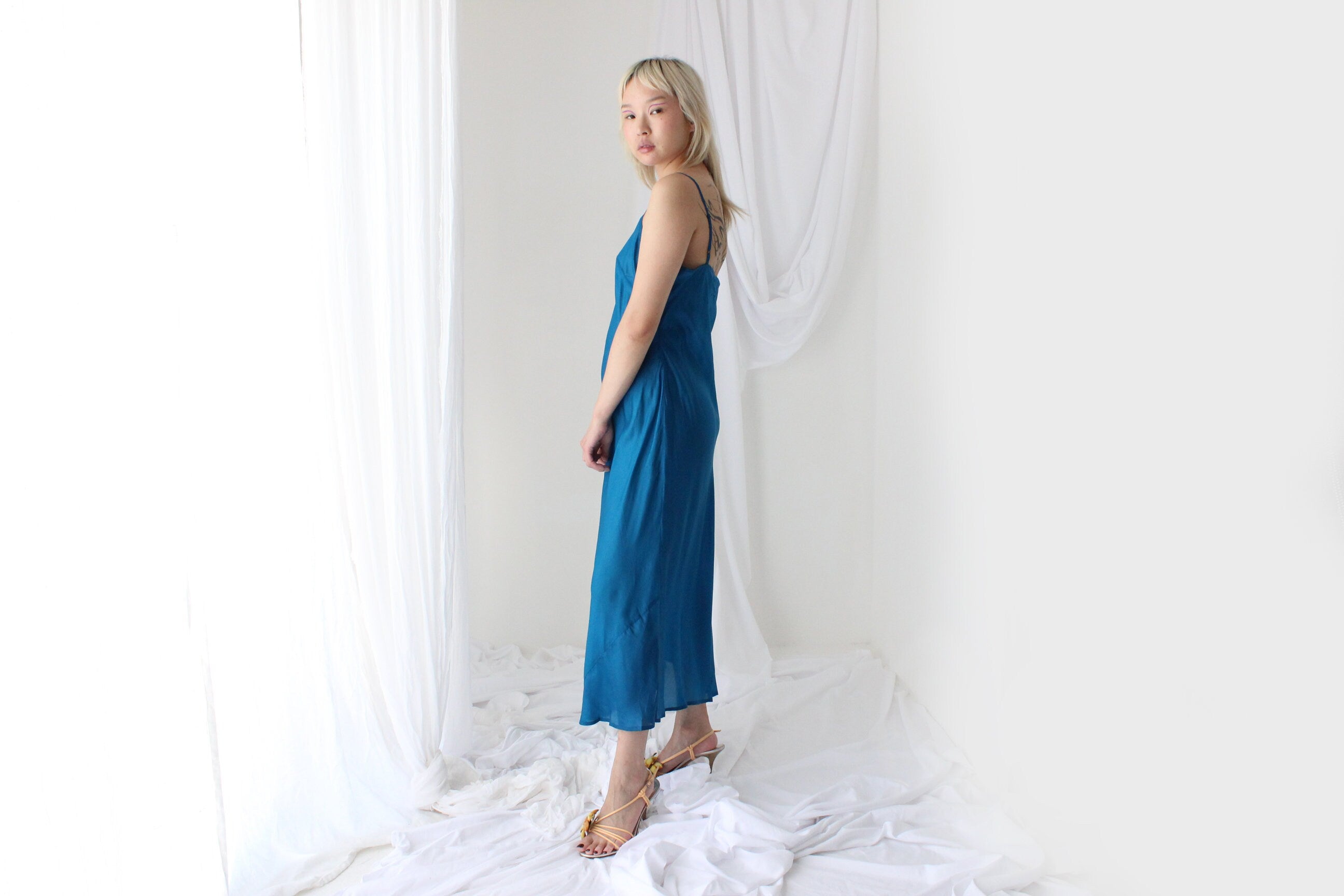 90s Pure Silk Bias Cut Slip Dress in Teal