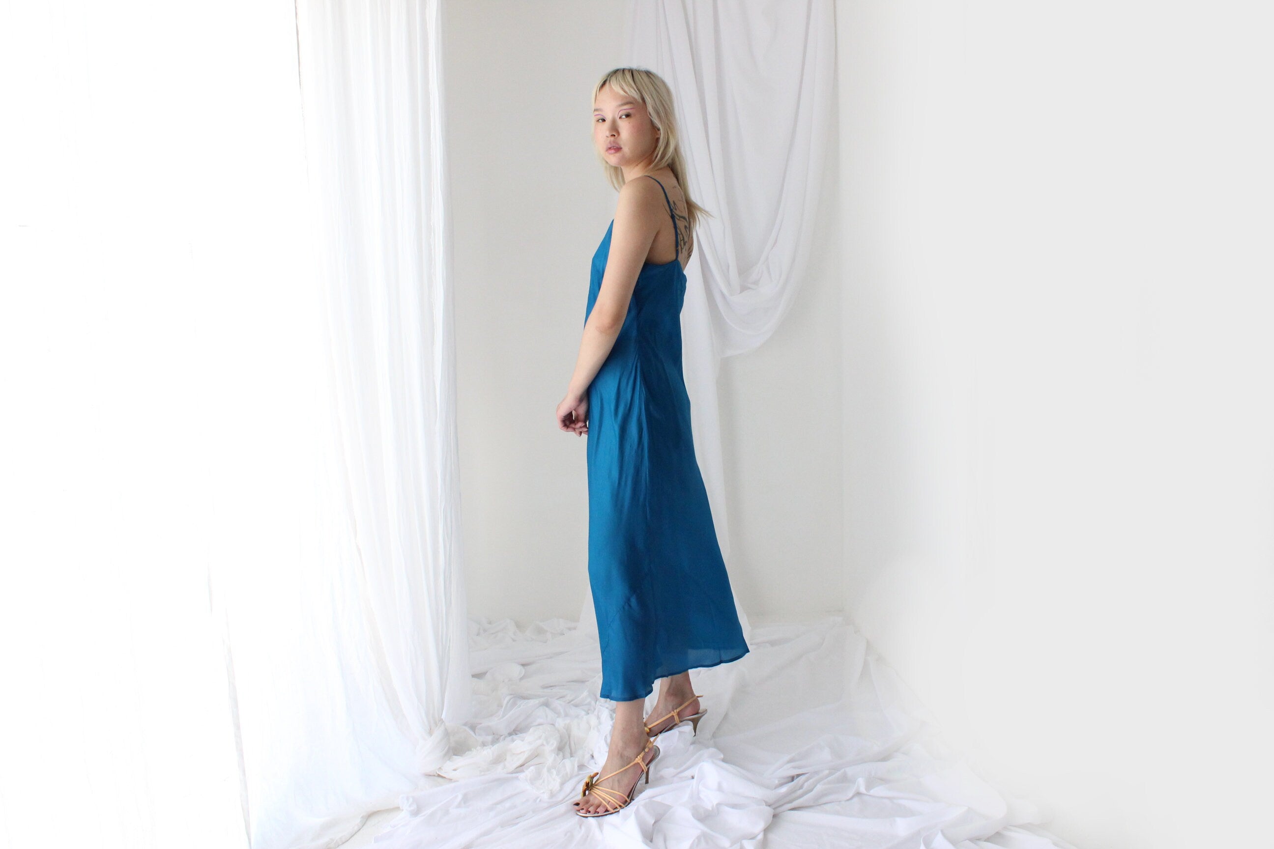 90s Pure Silk Bias Cut Slip Dress in Teal