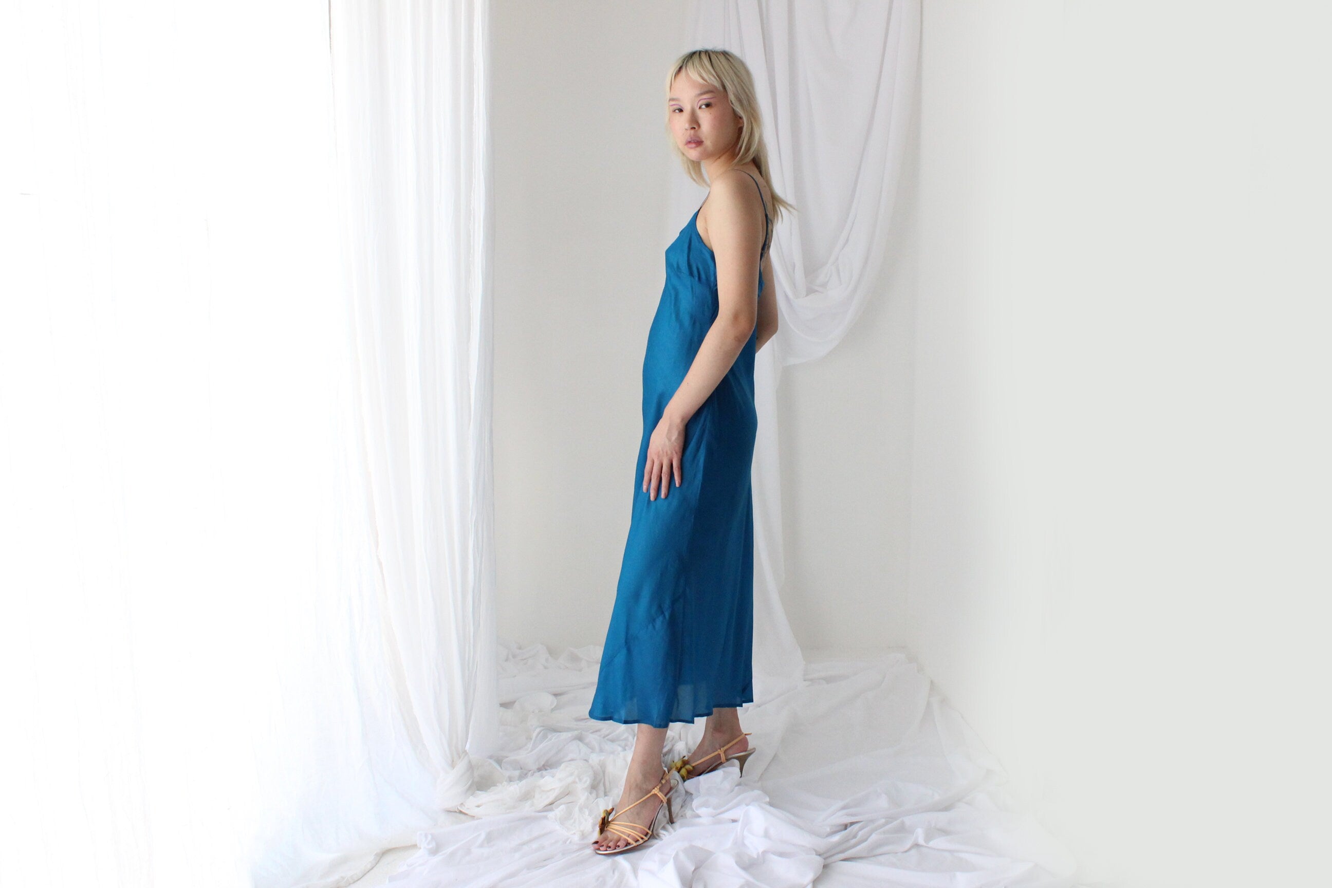 90s Pure Silk Bias Cut Slip Dress in Teal