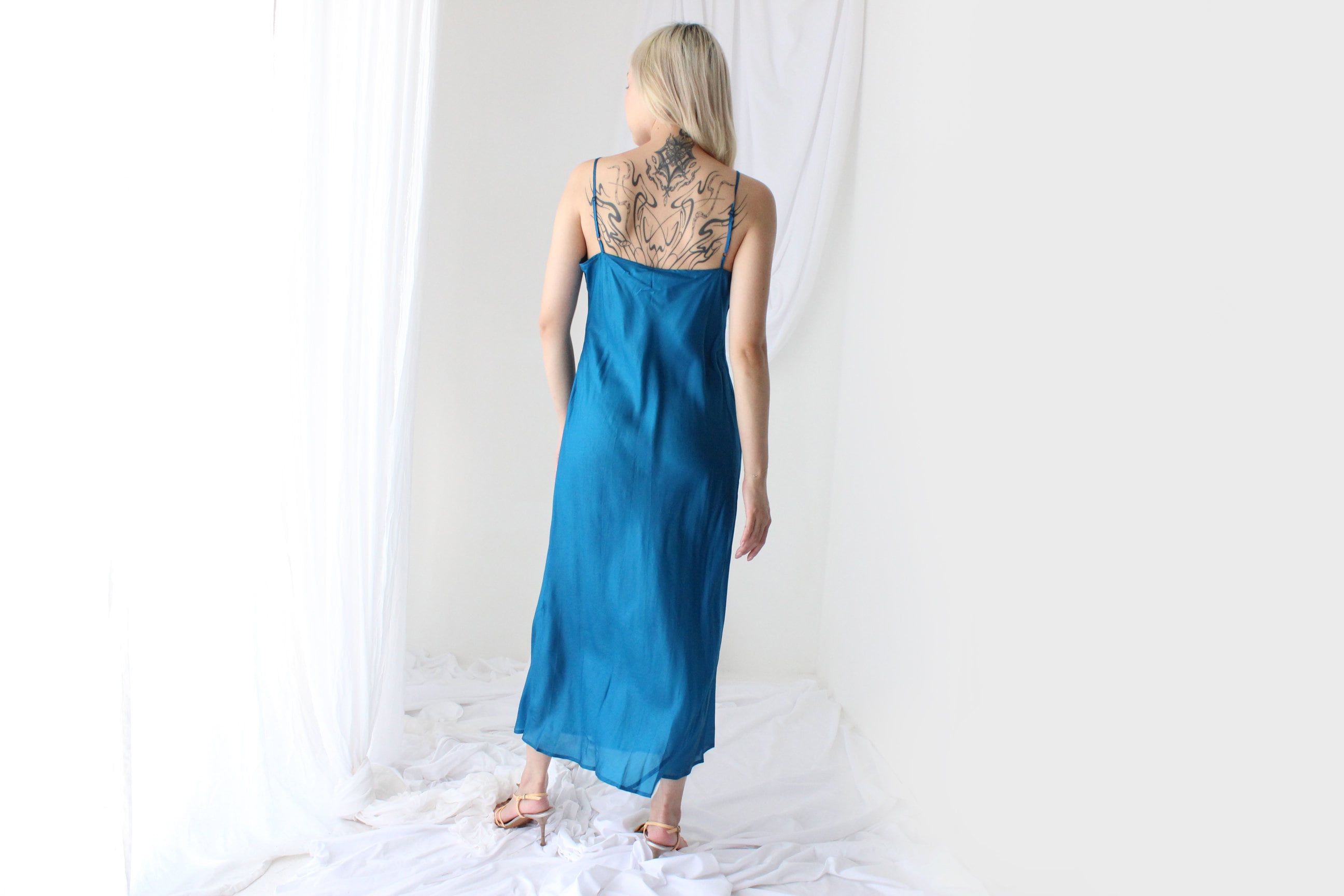 90s Pure Silk Bias Cut Slip Dress in Teal