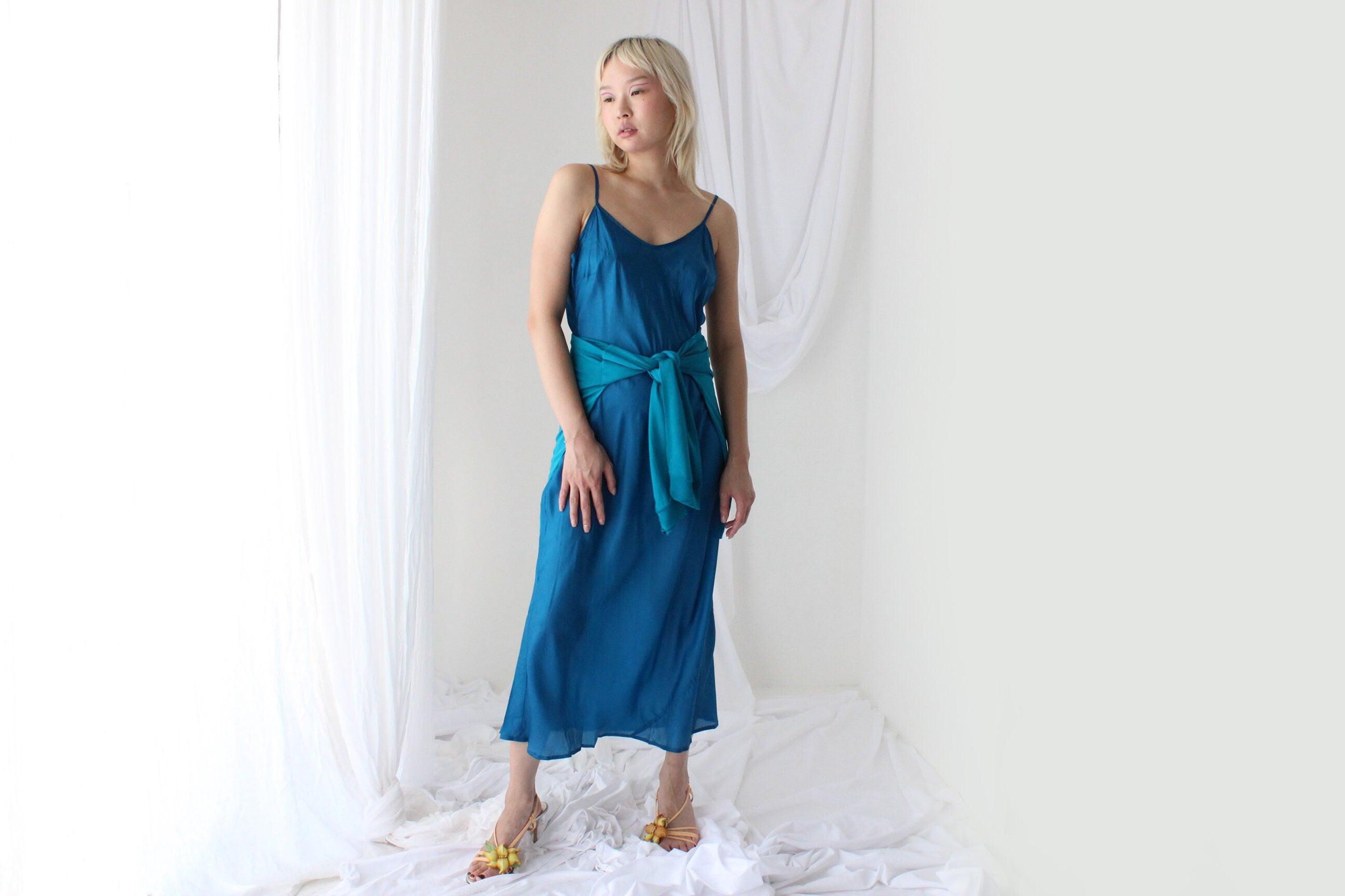 90s Pure Silk Bias Cut Slip Dress in Teal