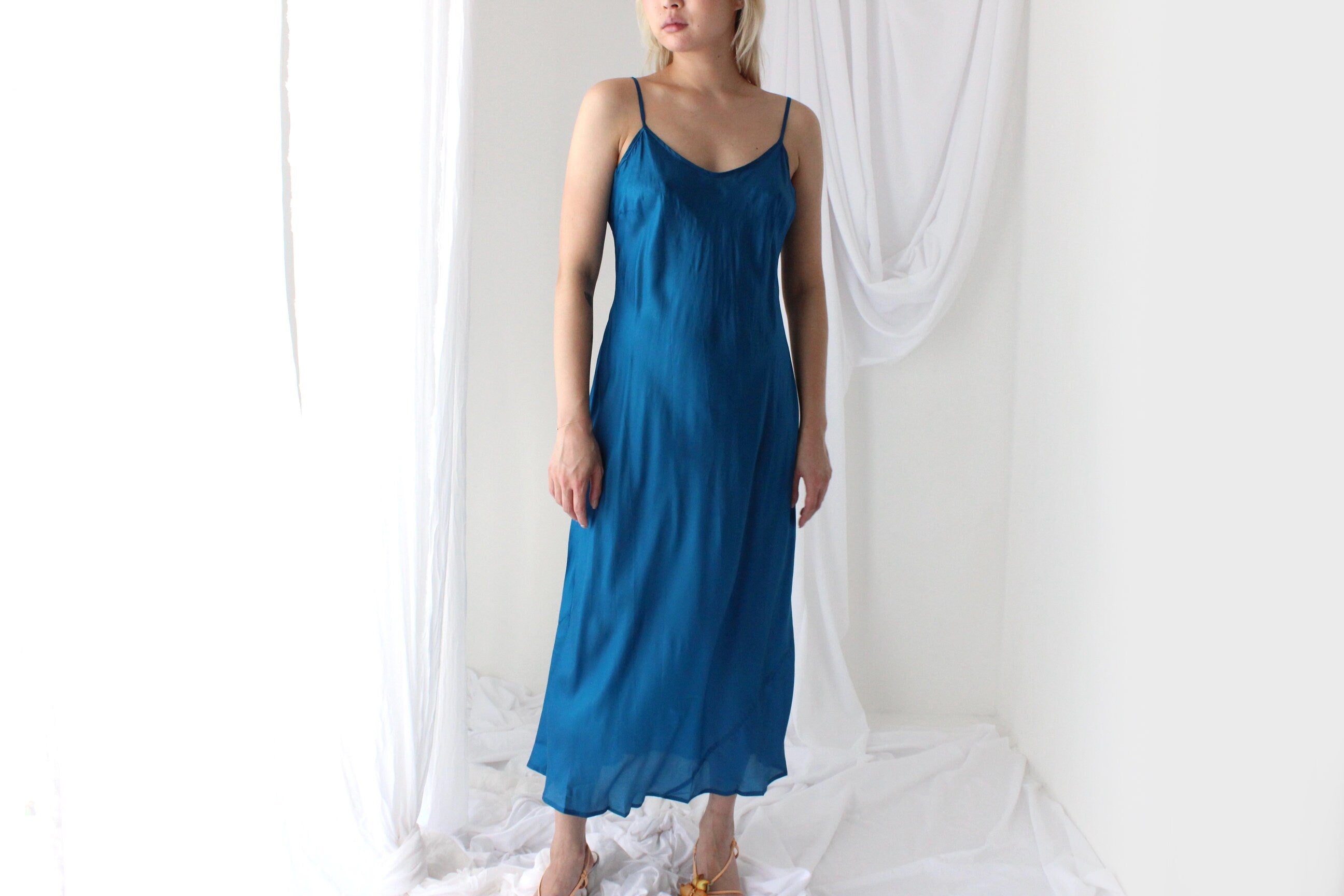 90s Pure Silk Bias Cut Slip Dress in Teal