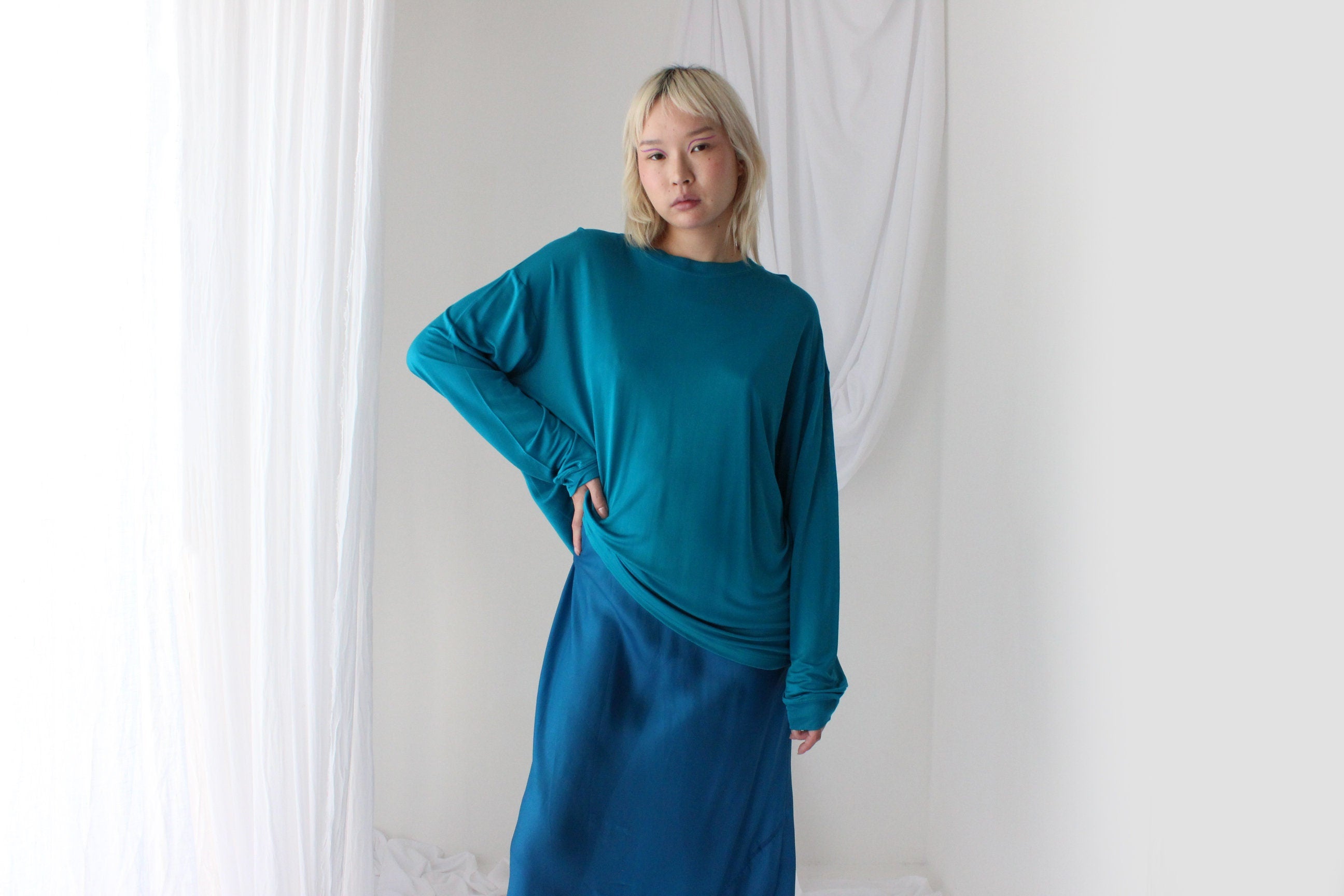 Luxury 80s PURE SILK JERSEY Minimal Slouch Top in Teal