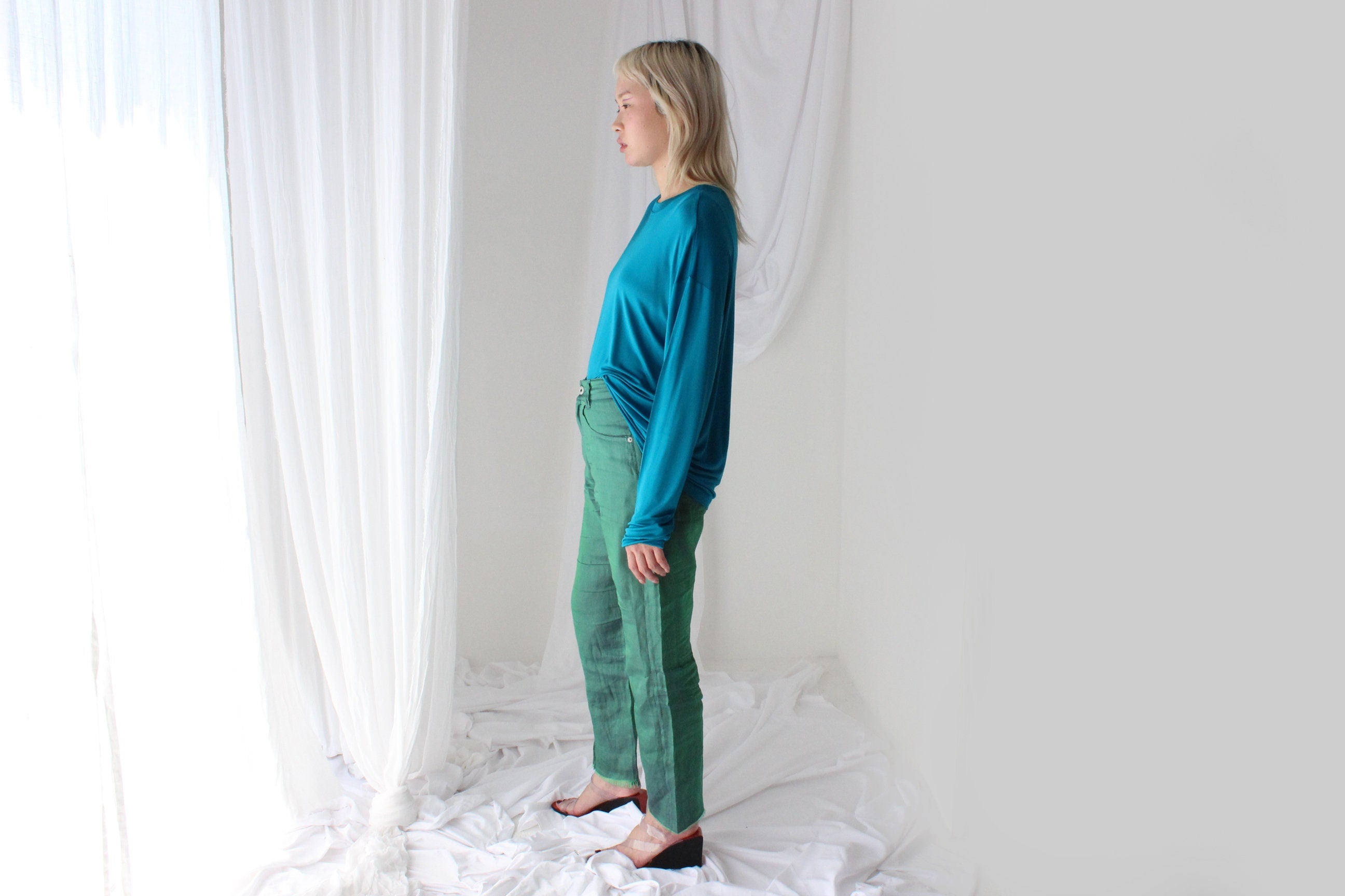 Luxury 80s PURE SILK JERSEY Minimal Slouch Top in Teal