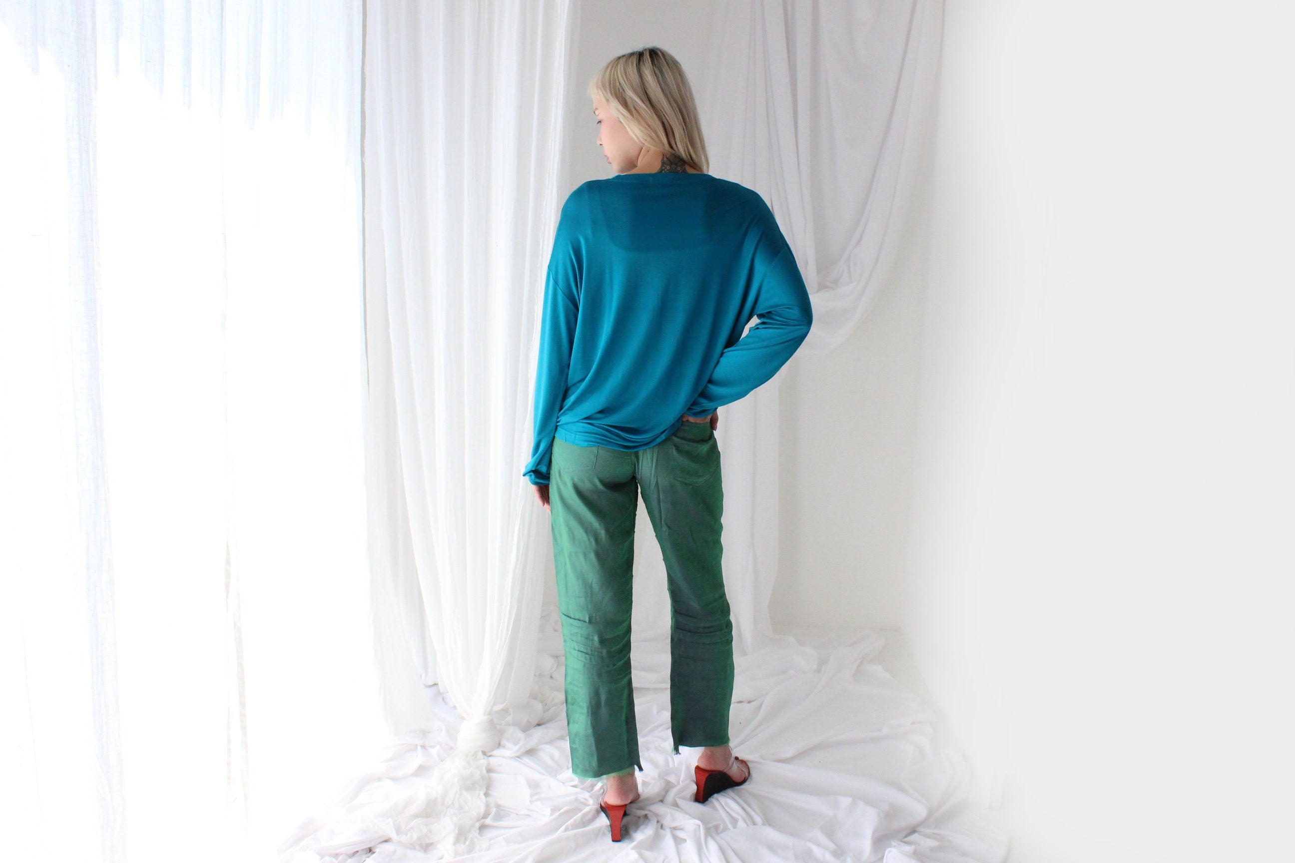 Luxury 80s PURE SILK JERSEY Minimal Slouch Top in Teal