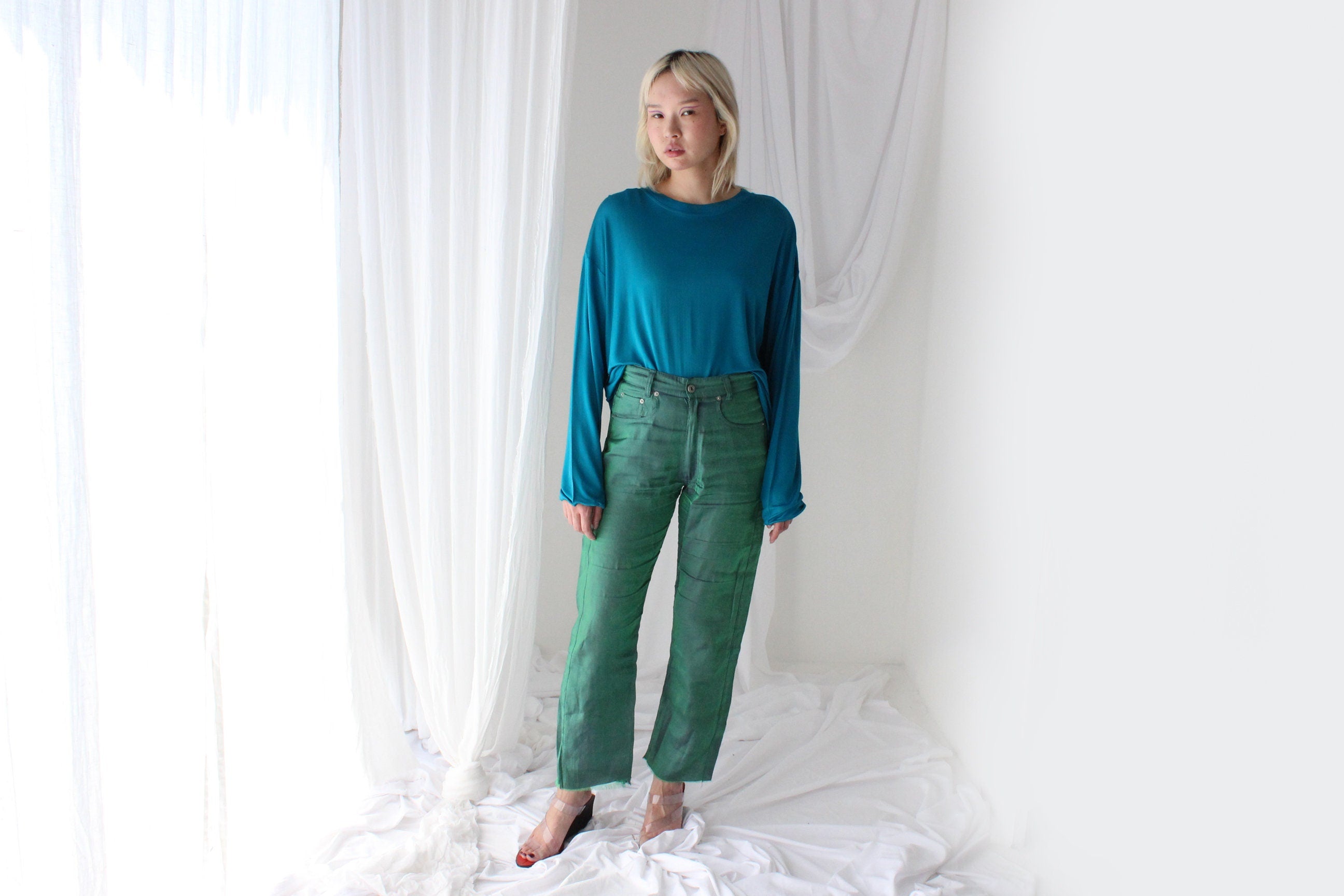 Luxury 80s PURE SILK JERSEY Minimal Slouch Top in Teal