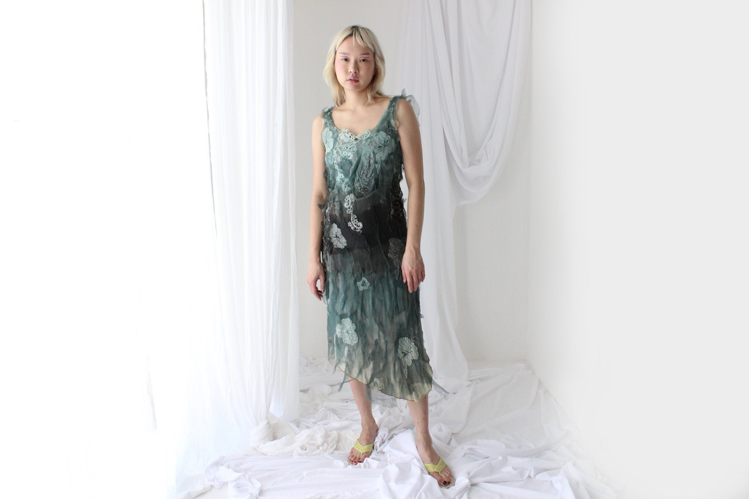 Y2K Italian Vintage Silk Evil Fairy Textured 3D Mesh & Crystal Dress