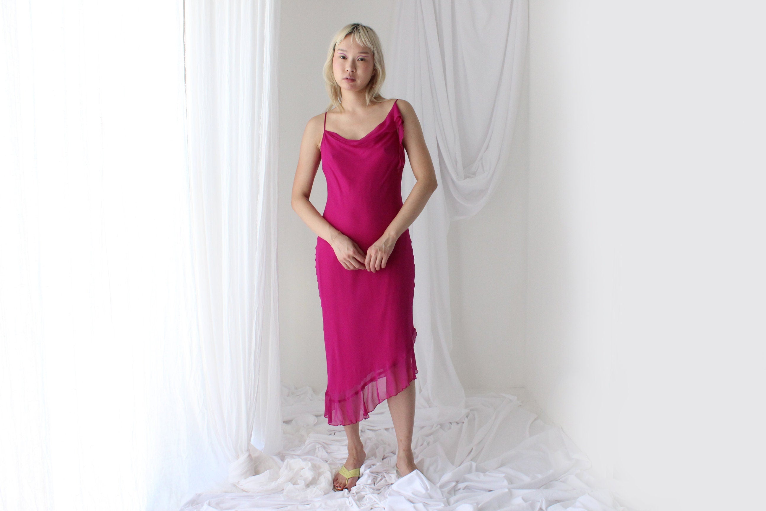 Y2K PURE SILK Fabulous Magenta Asymmetric Ruffle Dress