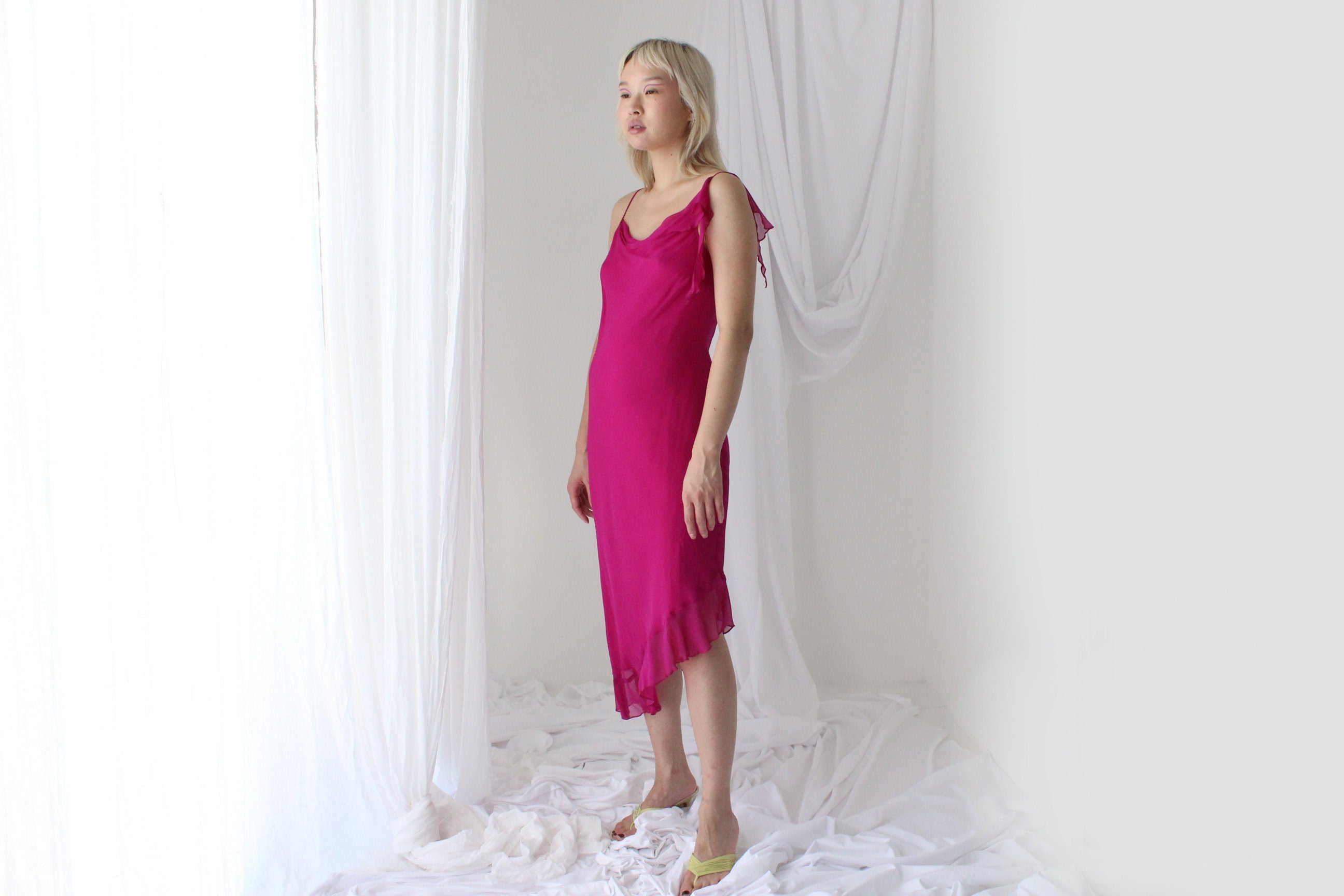 Y2K PURE SILK Fabulous Magenta Asymmetric Ruffle Dress