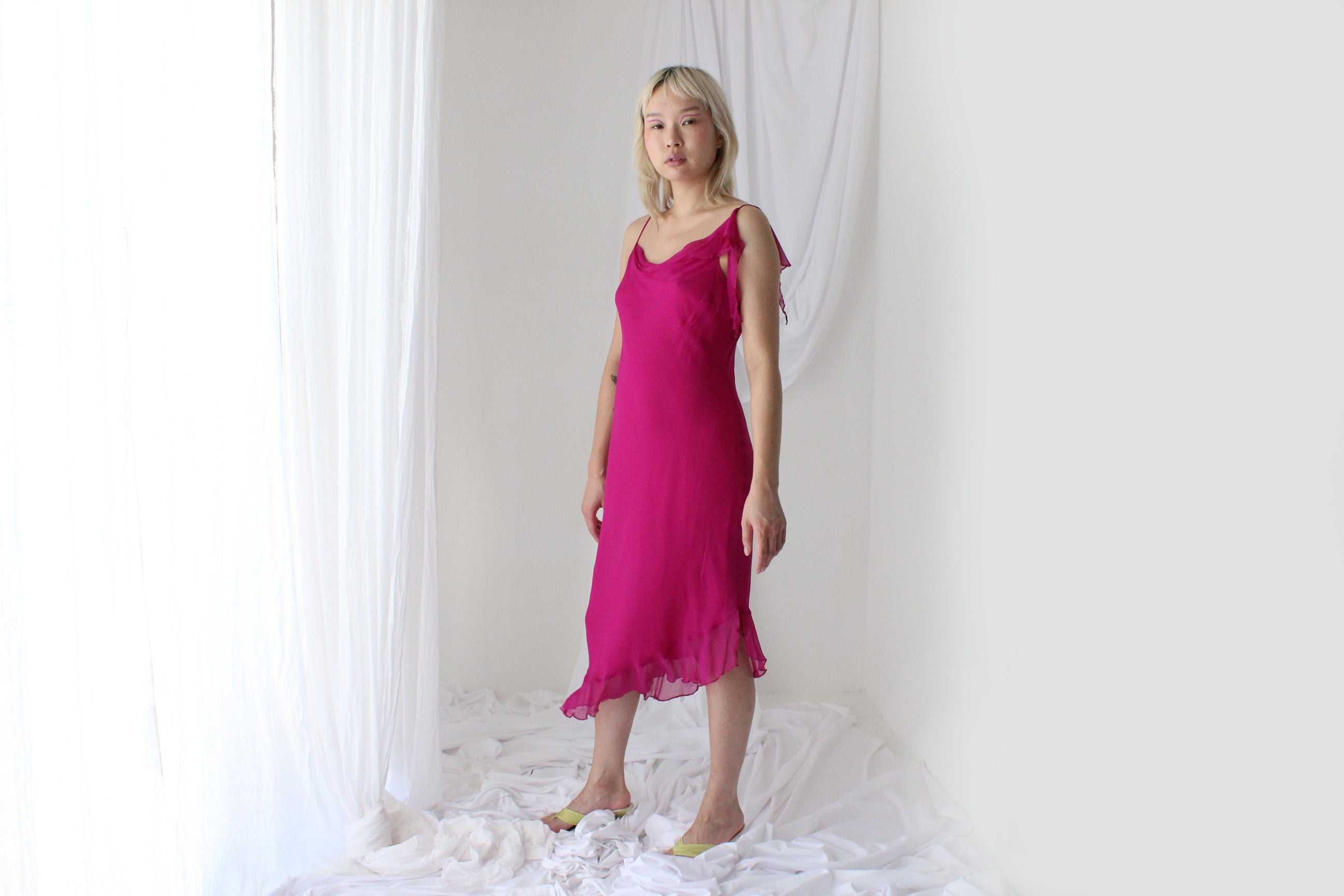 Y2K PURE SILK Fabulous Magenta Asymmetric Ruffle Dress