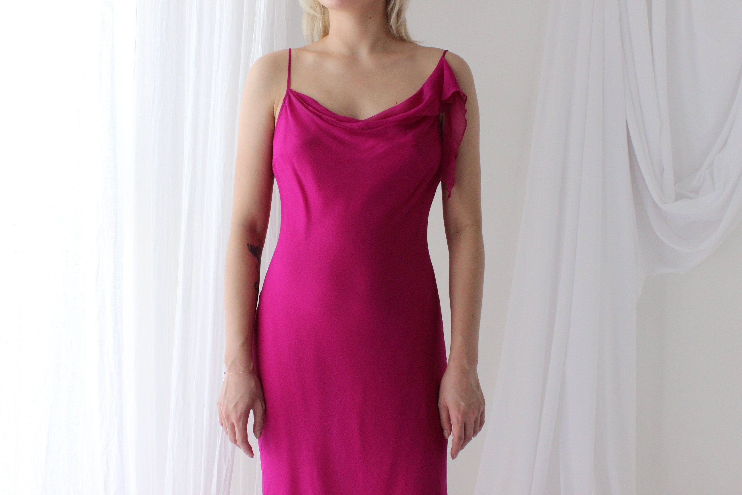 Y2K PURE SILK Fabulous Magenta Asymmetric Ruffle Dress