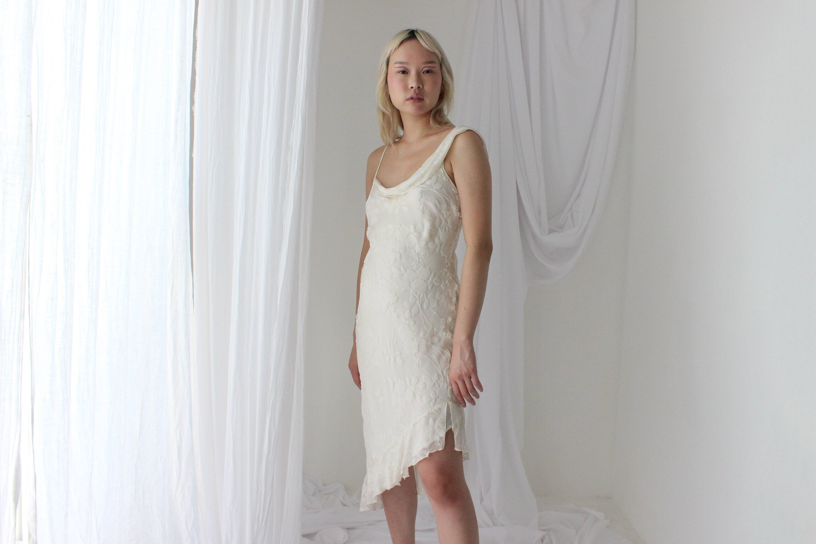 Y2K PURE SILK Ivory Velvet Burnout Asymmetric Dress