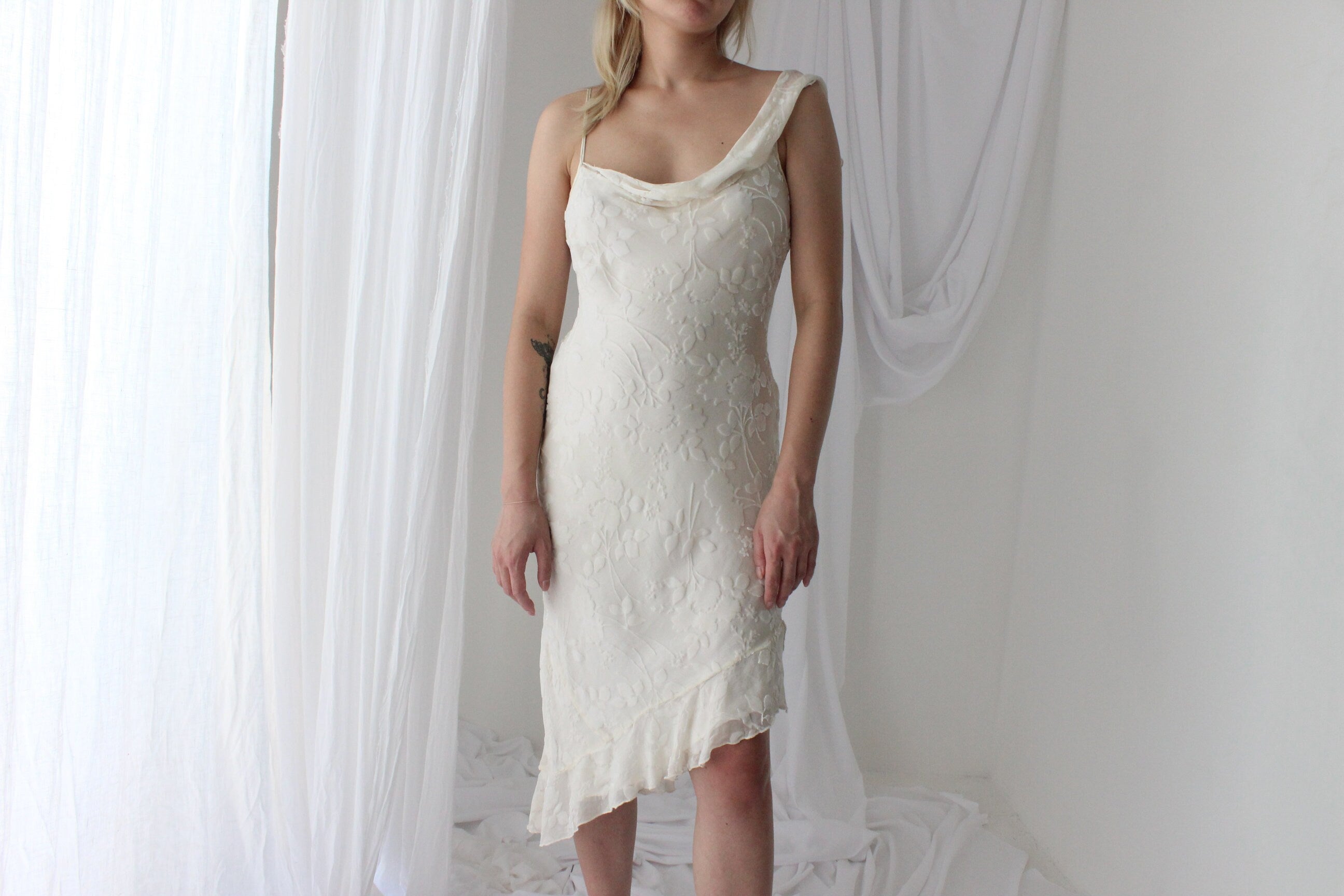 Y2K PURE SILK Ivory Velvet Burnout Asymmetric Dress