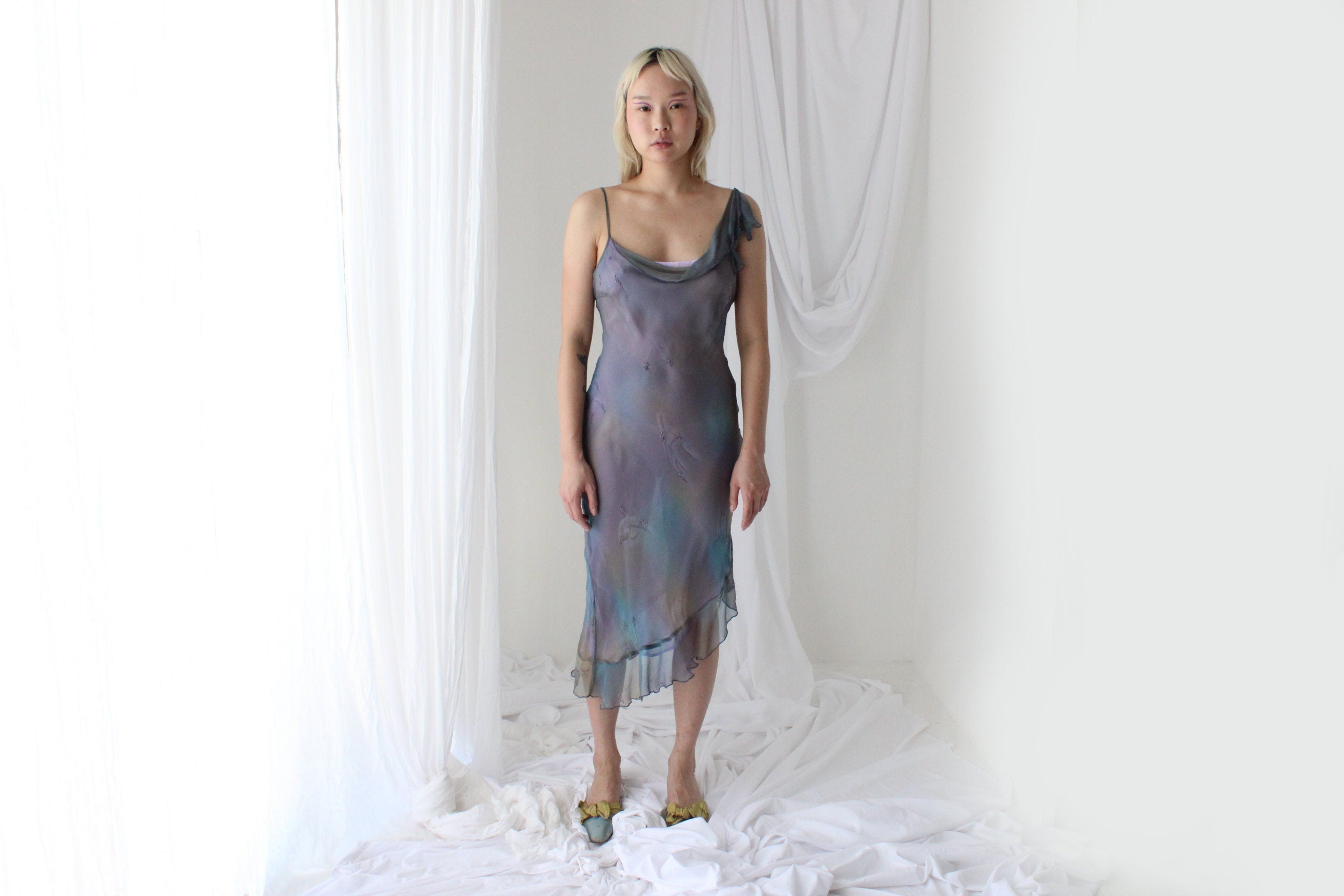 Y2K PURE SILK Faery Dress w/ Mottled Dye w/ Hand Beading