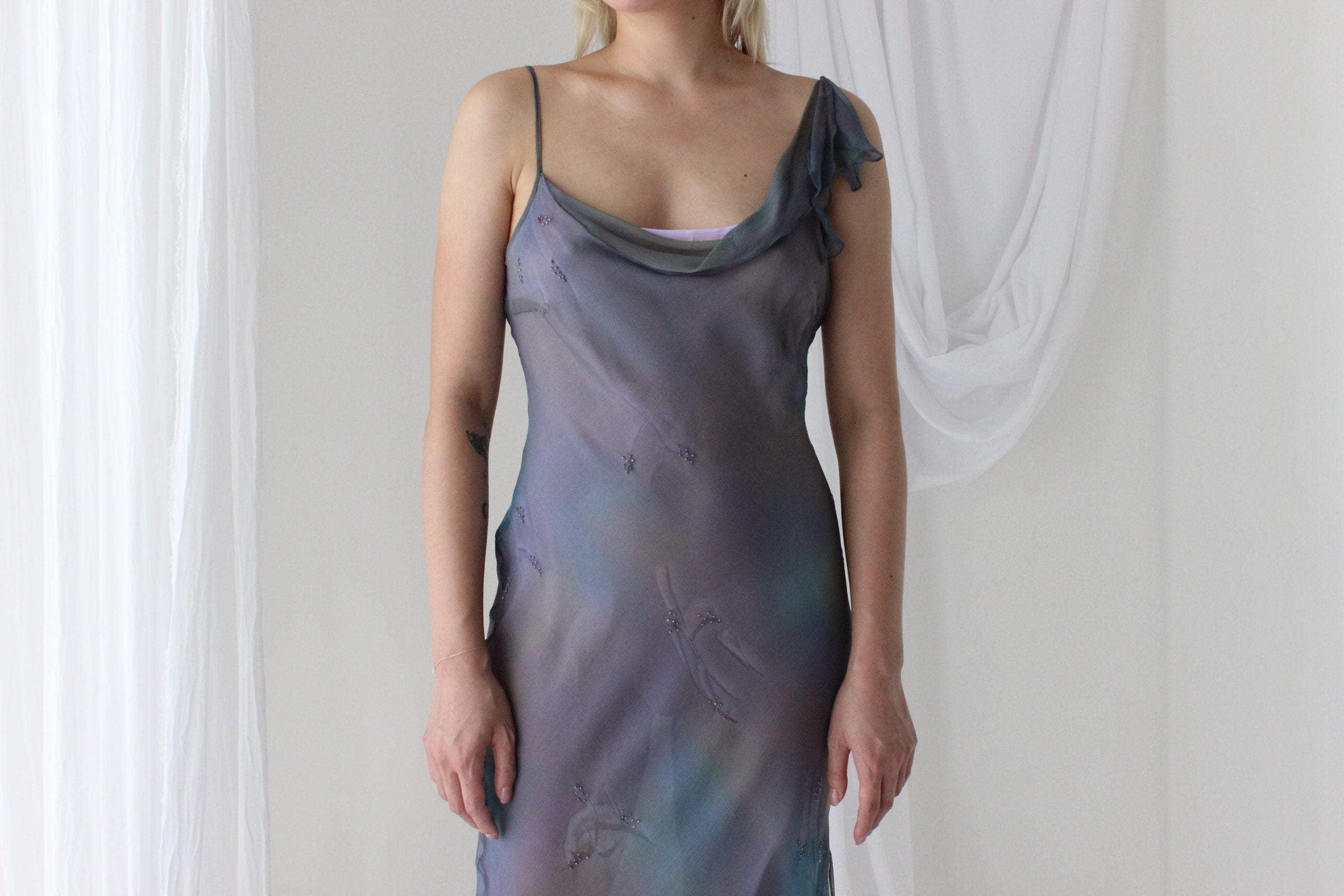 Y2K PURE SILK Faery Dress w/ Mottled Dye w/ Hand Beading