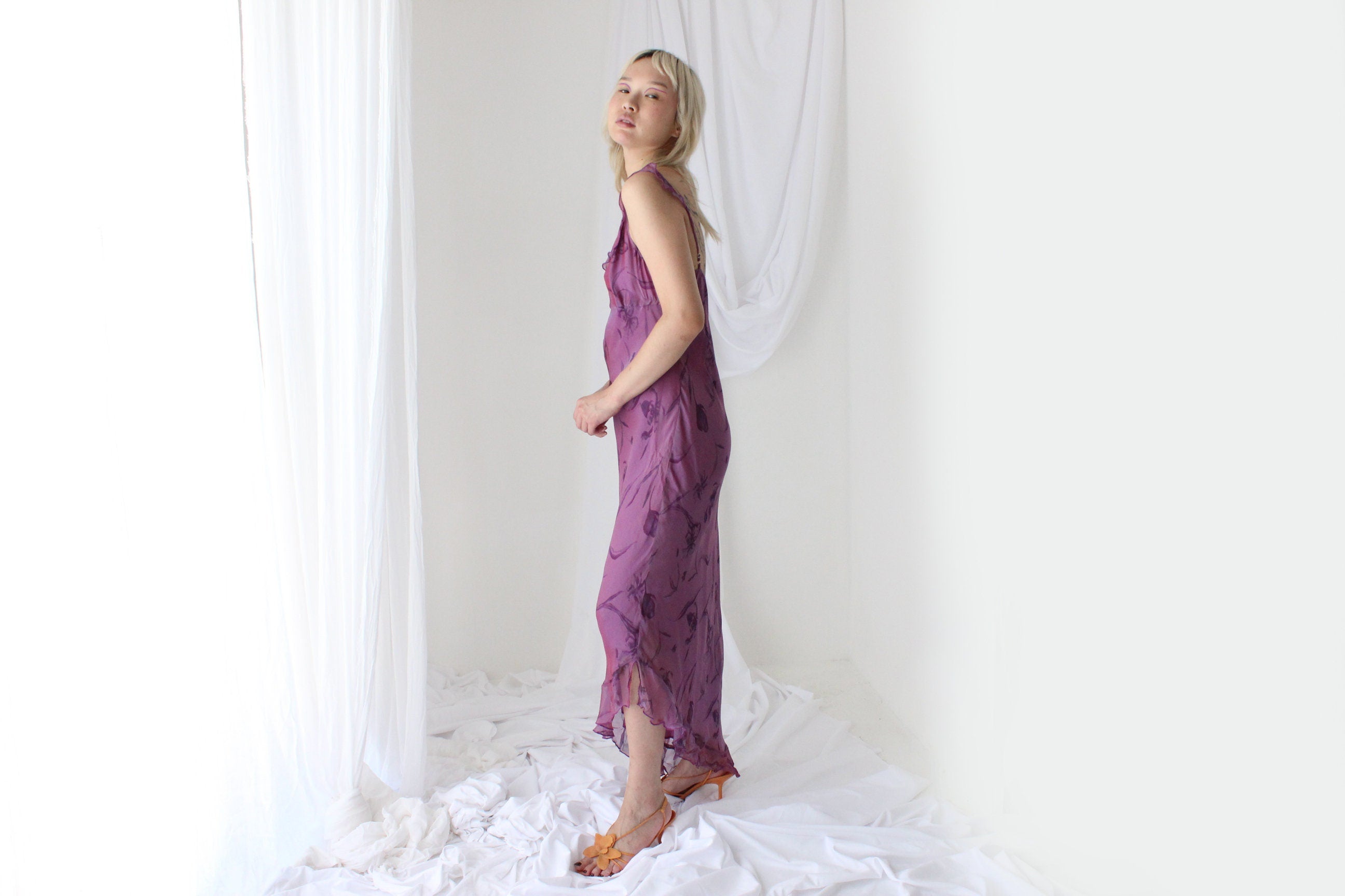 Y2K PURE SILK Holographic Shimmer Ruffle Dress