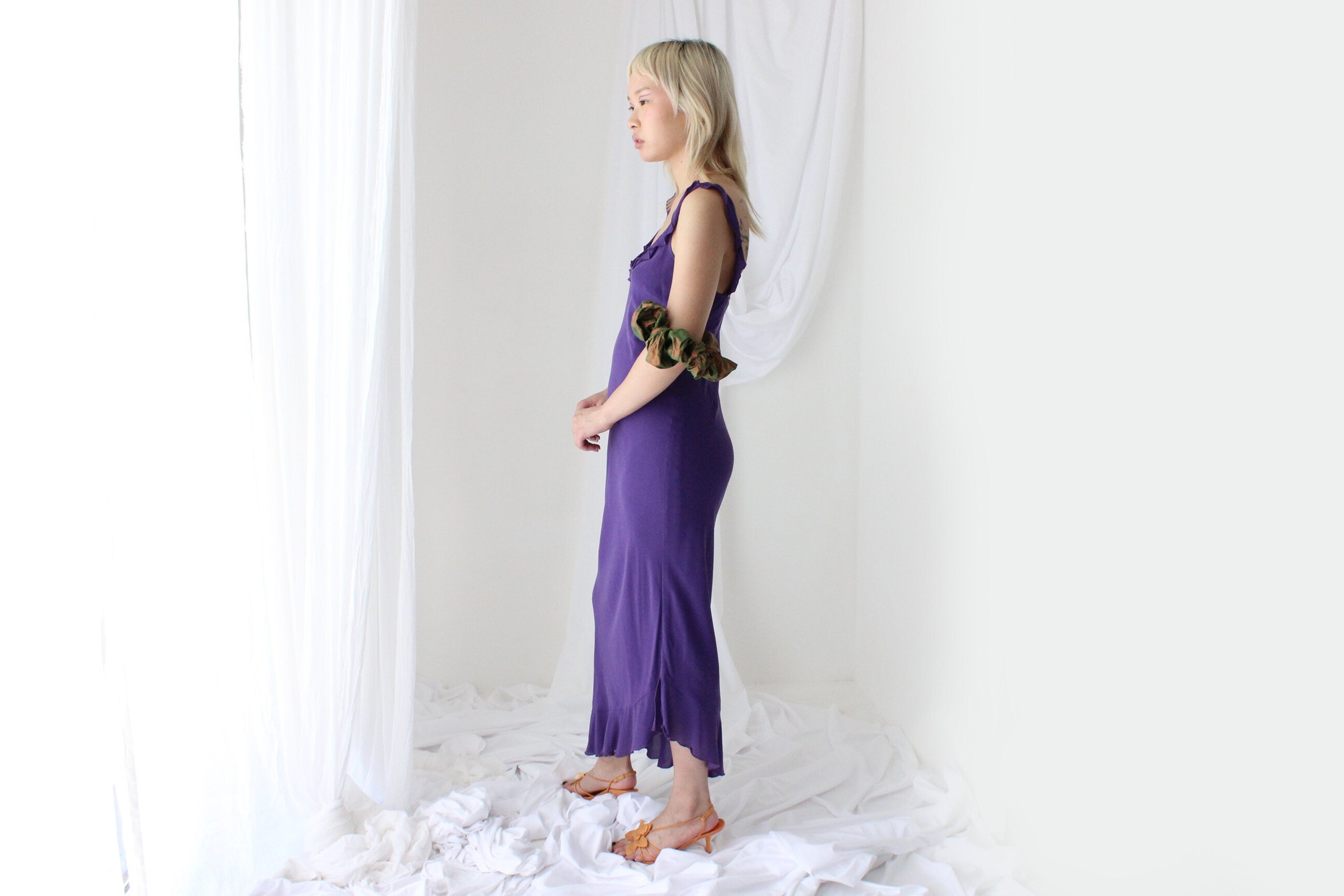 Sultry Y2K PURE SILK Plunge Ruffle Neck Bias Cut Dress