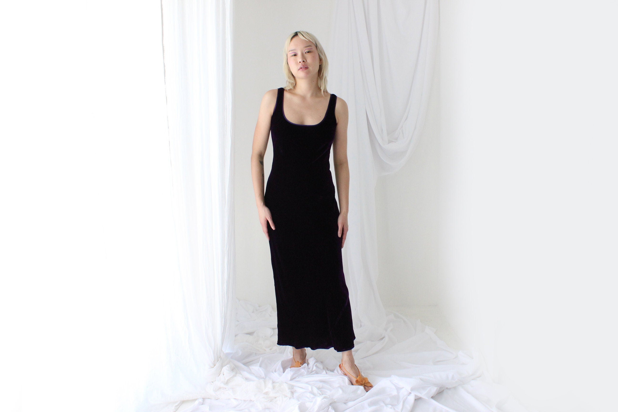 90s PURE SILK VELVET Deep Purple Scoop Neck Party Gown