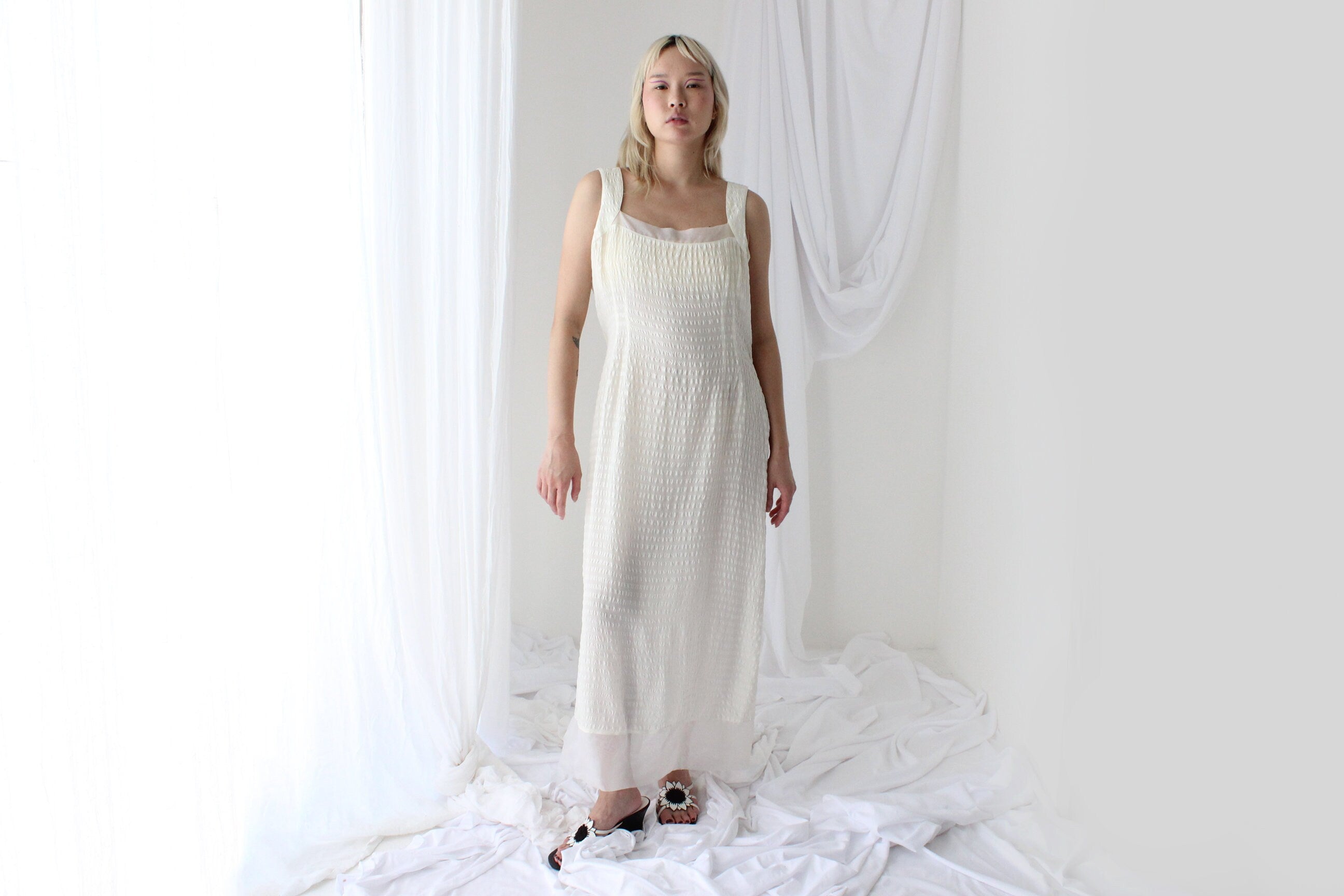 90s Textured Silk Relaxed Cream "Bubble" Dress