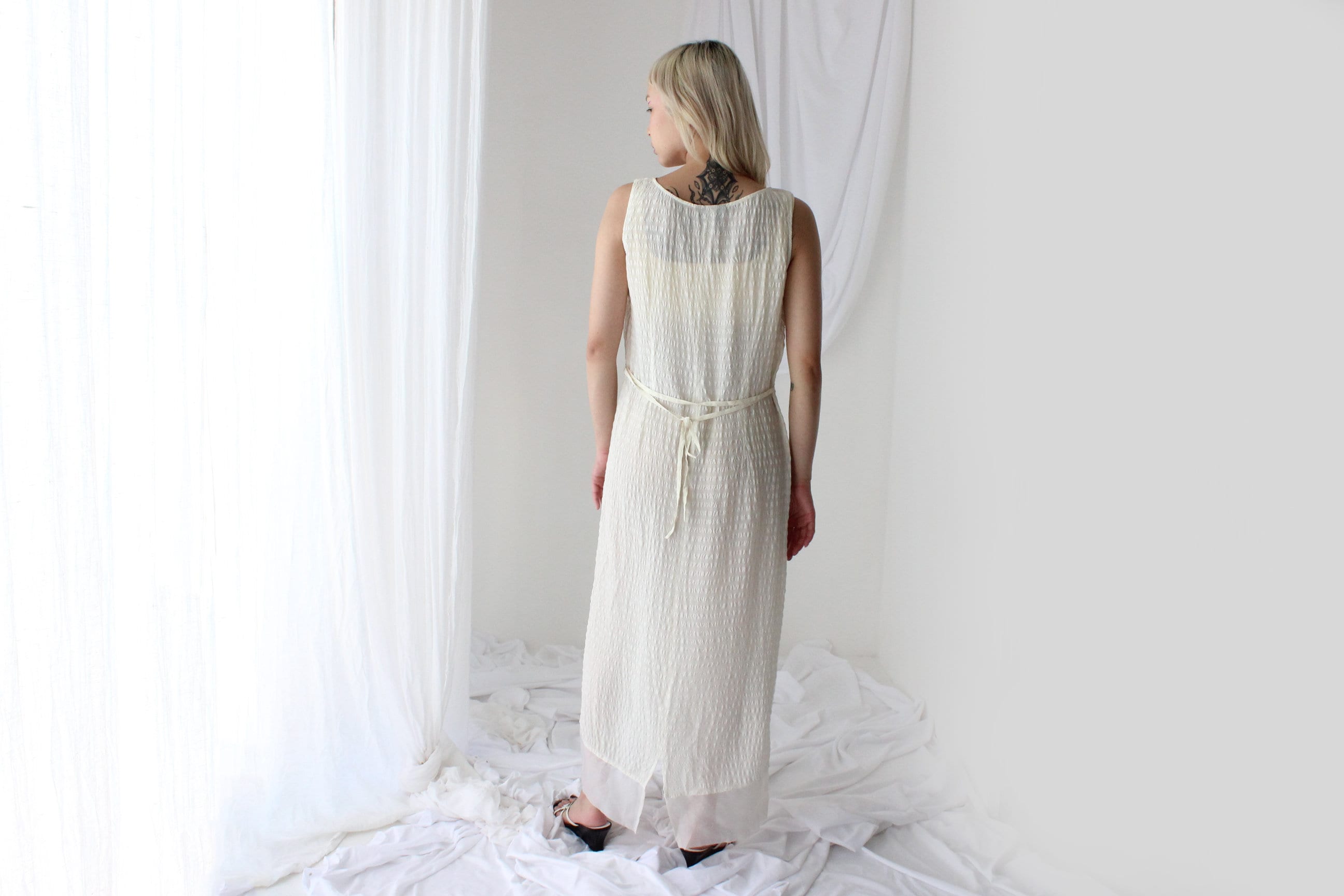 90s Textured Silk Relaxed Cream "Bubble" Dress