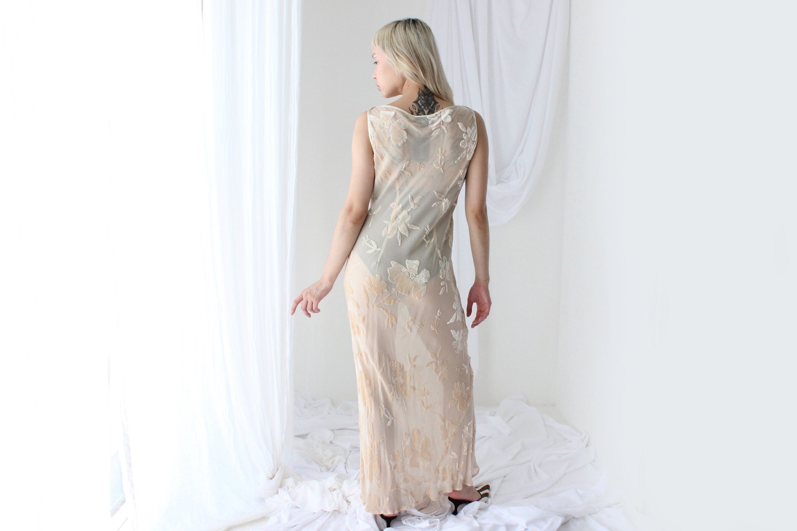90s Luxurious PURE SILK VELVET Floral Burnout Bias Cut Gown