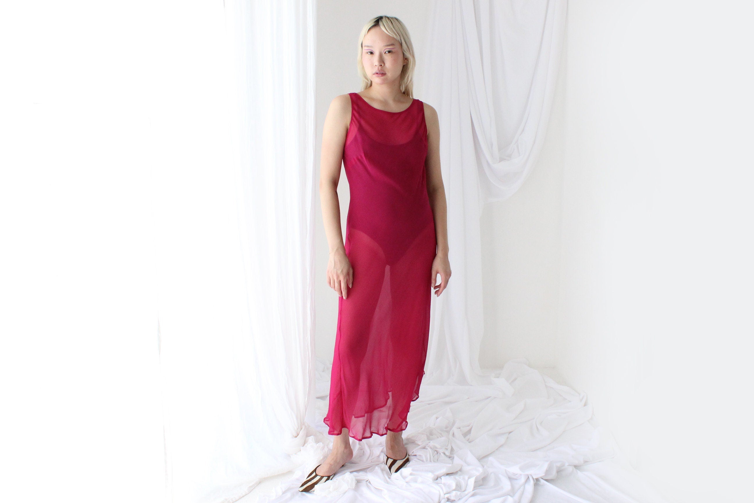 90s PURE SILK Georgette Sheer Magenta Minimal Bias Cut Dress