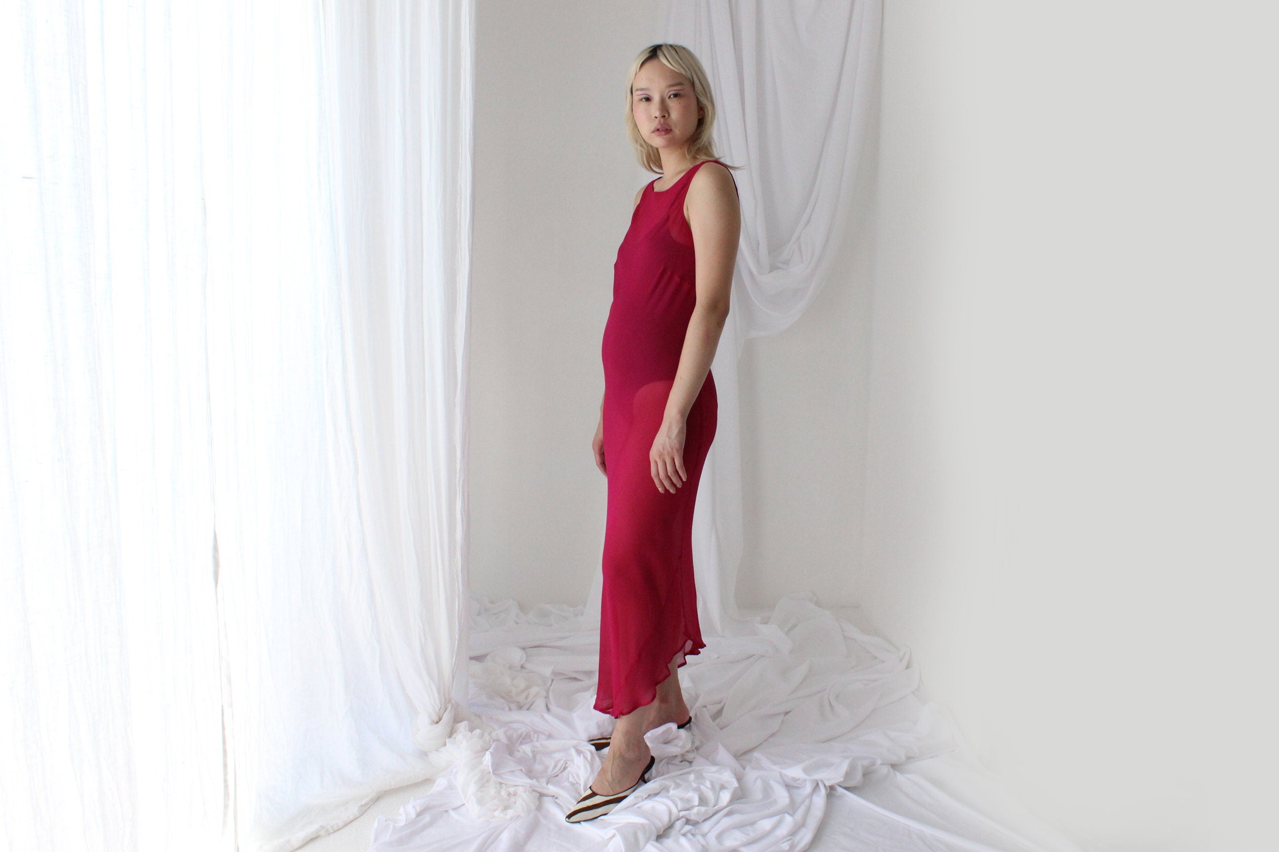 90s PURE SILK Georgette Sheer Magenta Minimal Bias Cut Dress