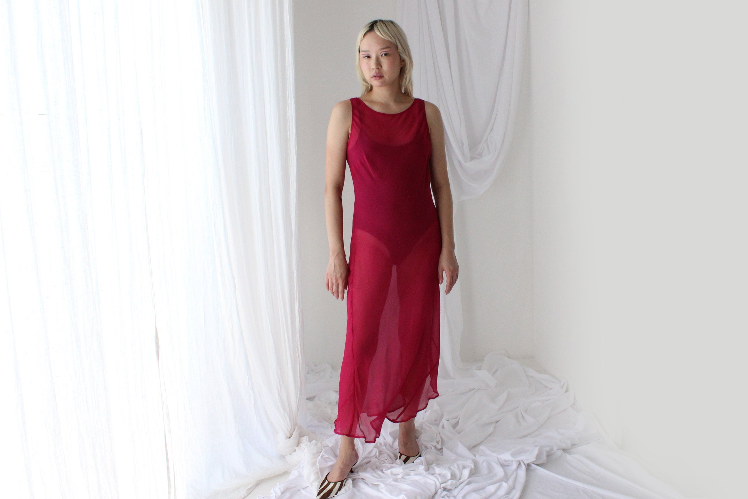 90s PURE SILK Georgette Sheer Magenta Minimal Bias Cut Dress