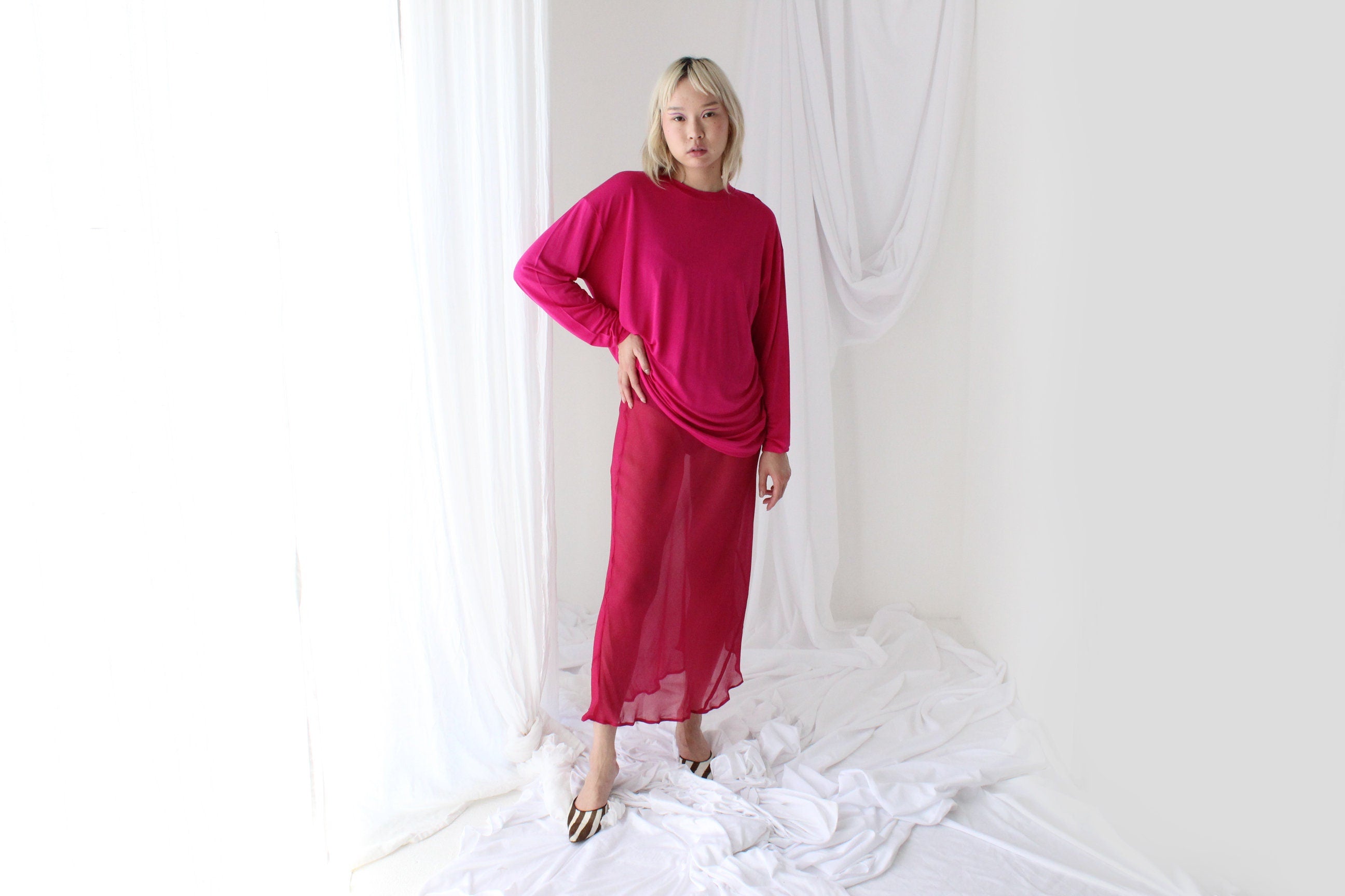 90s PURE SILK Georgette Sheer Magenta Minimal Bias Cut Dress